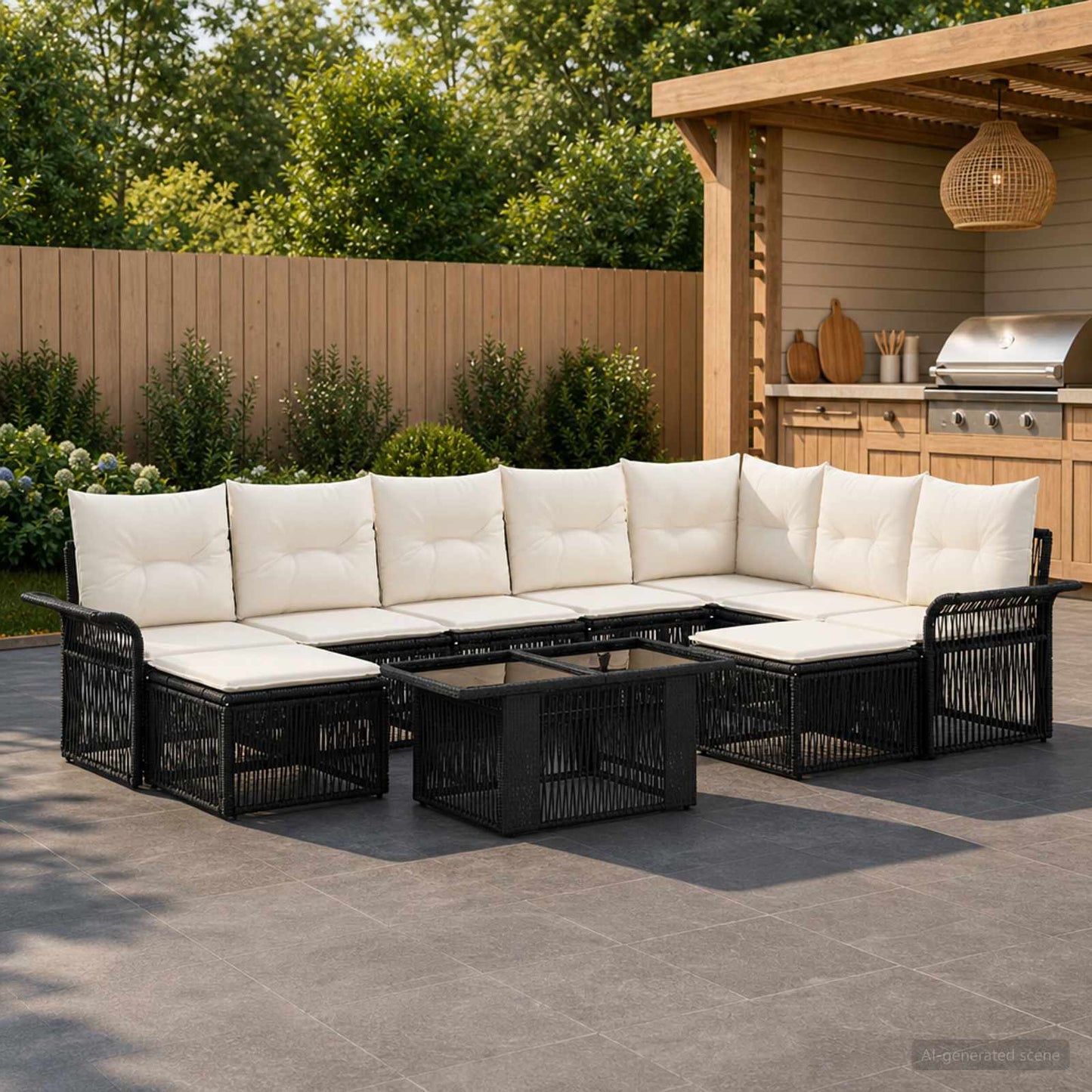 Gartensofa-set 10 stk. Schwarz und Cremeweiß Poly-Rattan
