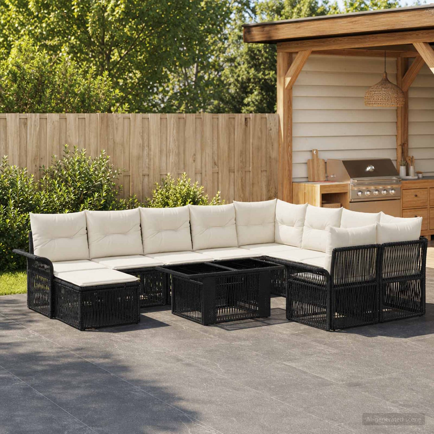 Gartensofa-set 11 stk. Schwarz und Cremeweiß Poly-Rattan