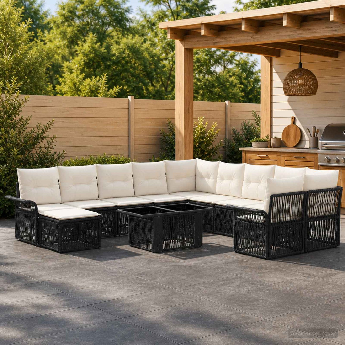 Gartensofa-set 12 stk. Schwarz und Cremeweiß Poly-Rattan