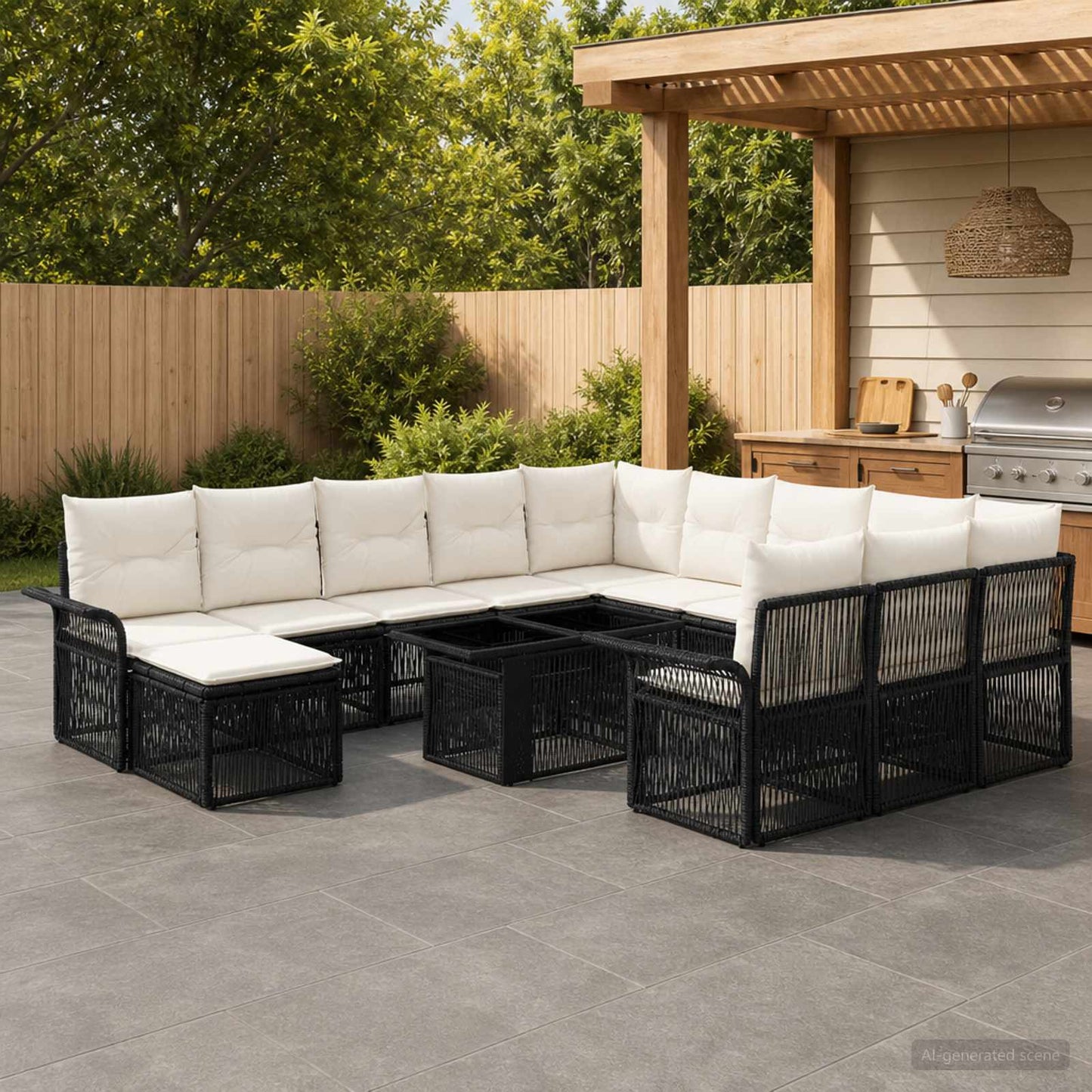 Gartensofa-set 13 stk. Schwarz und Cremeweiß Poly-Rattan
