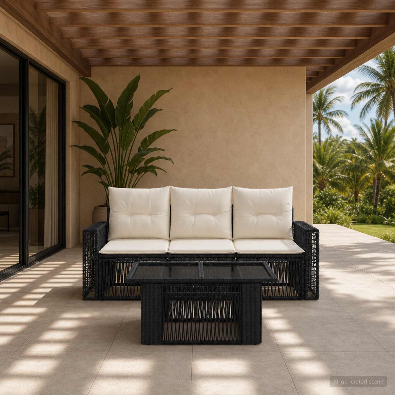 Gartensofa-set 4 stk. Schwarz und Cremeweiß Poly-Rattan