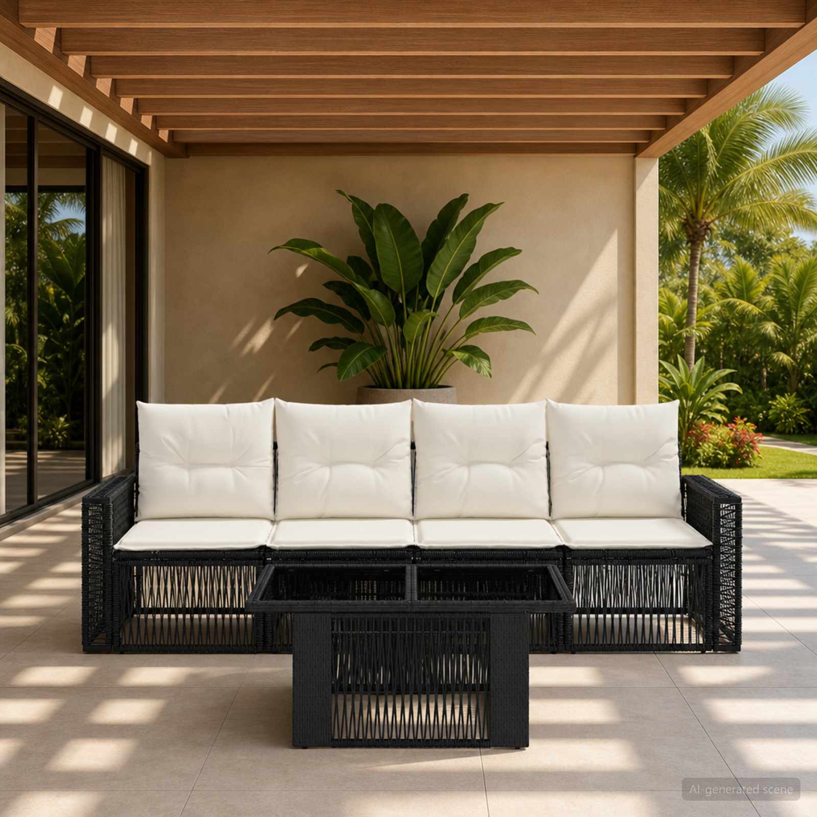 Gartensofa-set 5 stk. Schwarz und Cremeweiß Poly-Rattan