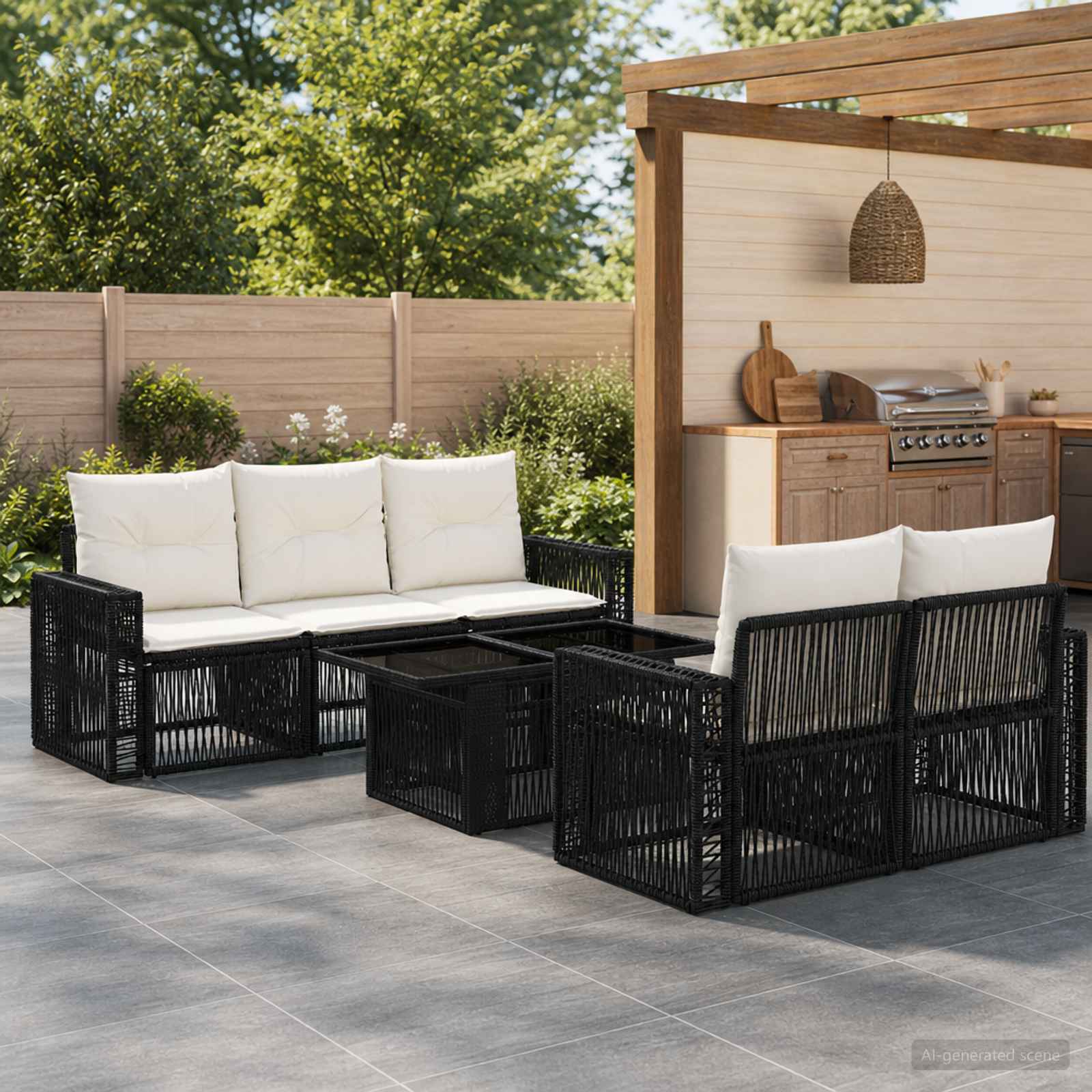 Gartensofa-set 6 stk. Schwarz und Cremeweiß Poly-Rattan