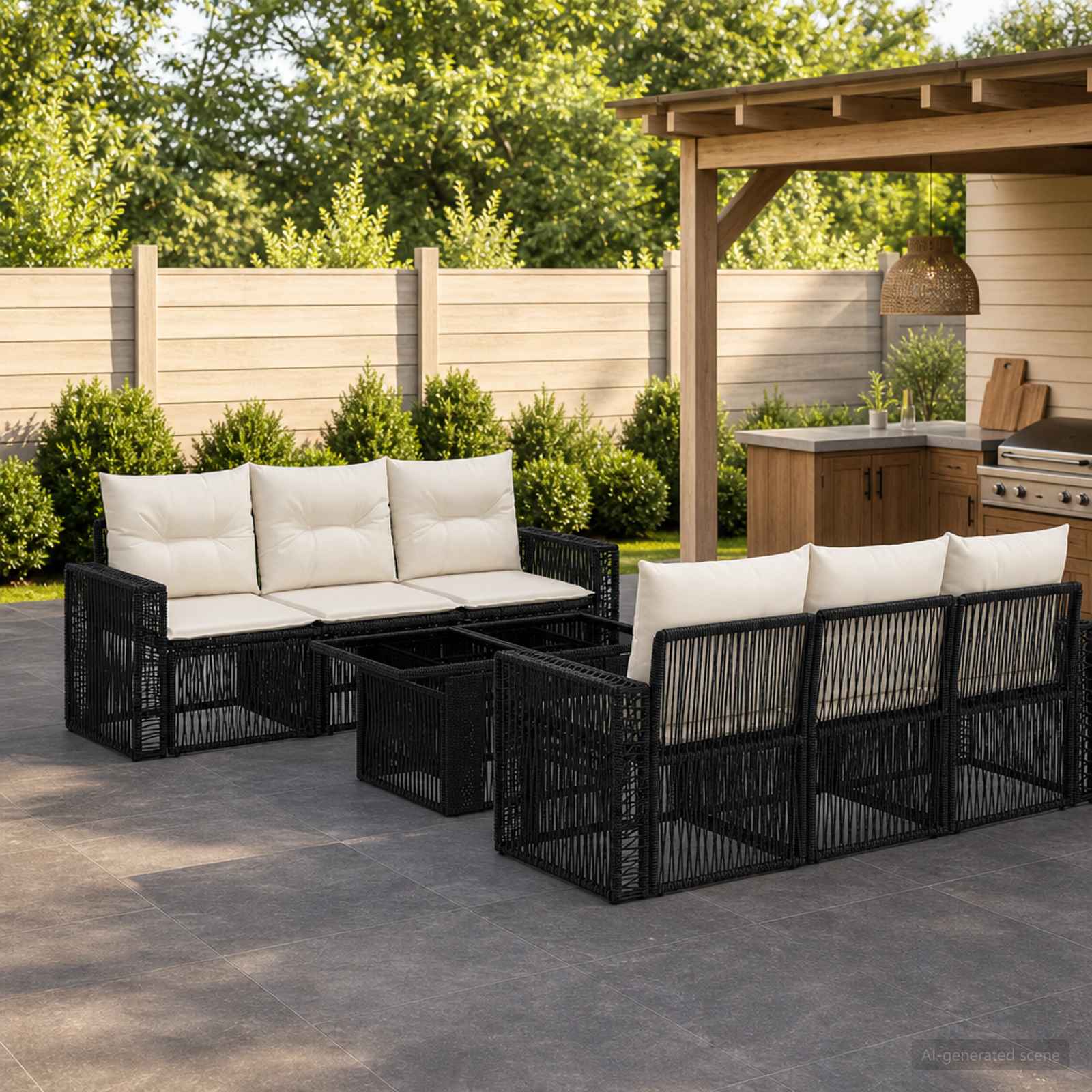 Gartensofa-set 7 stk. Schwarz und Cremeweiß Poly-Rattan