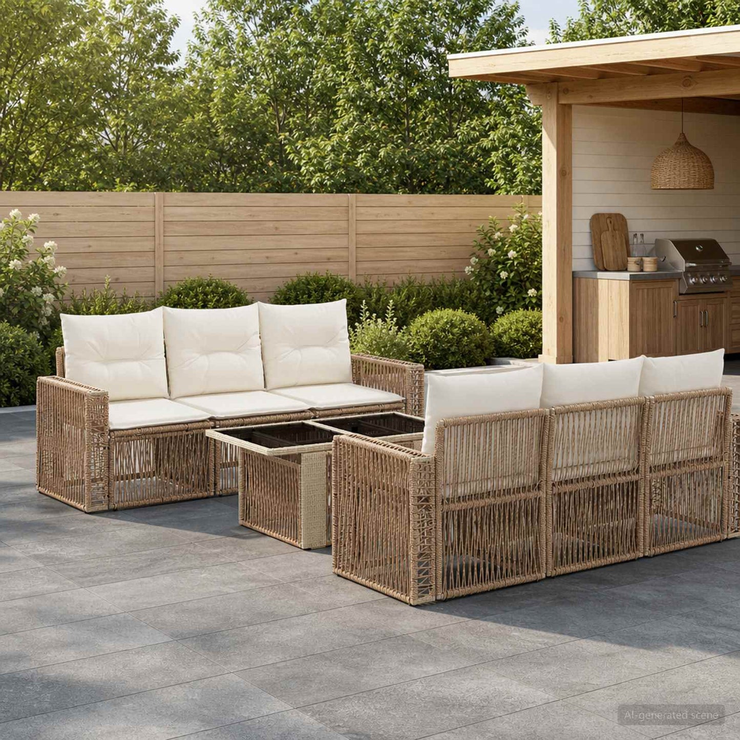 Gartensofa-set 7 stk. Beige und Cremeweiß Poly-Rattan