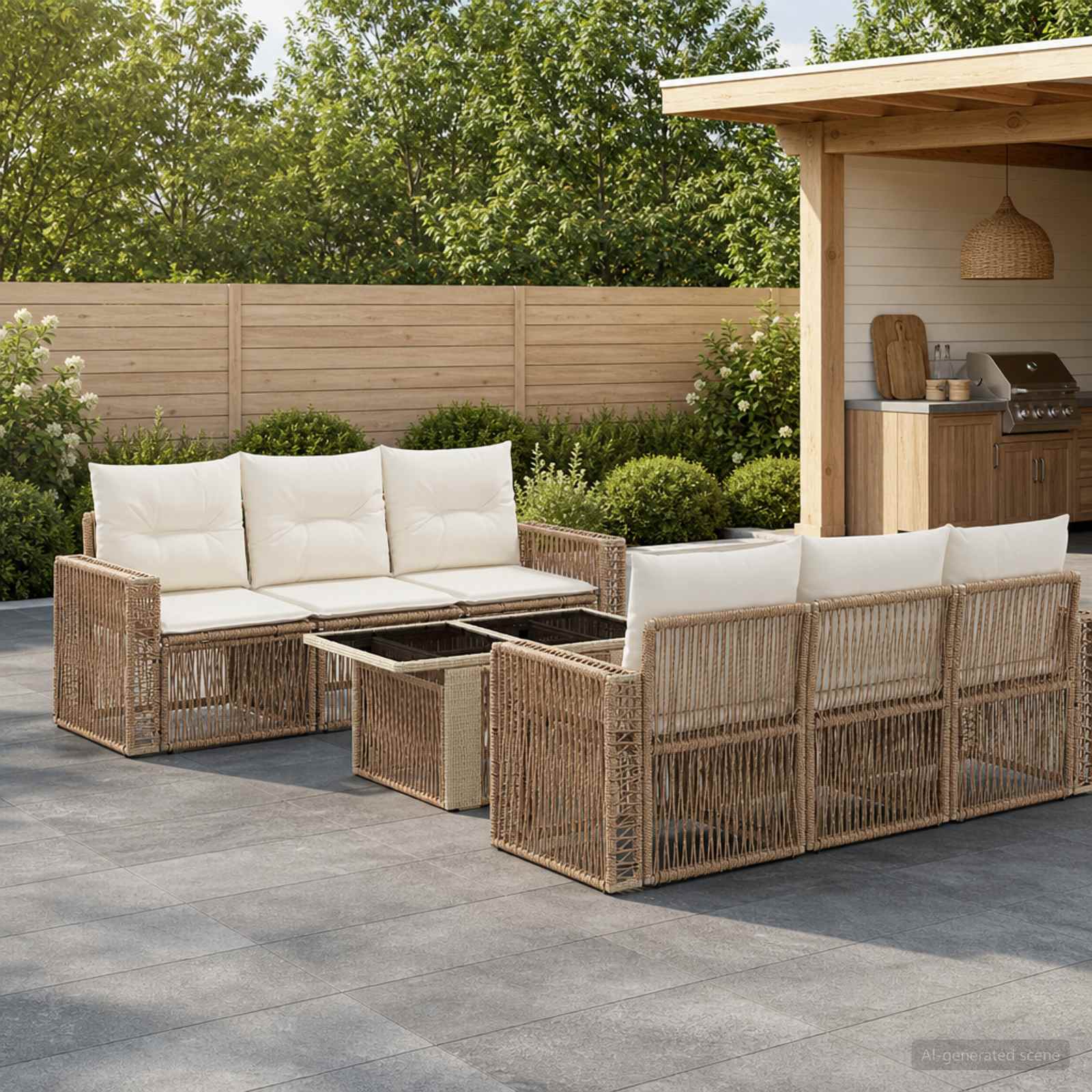 Gartensofa-set 7 stk. Beige und Cremeweiß Poly-Rattan