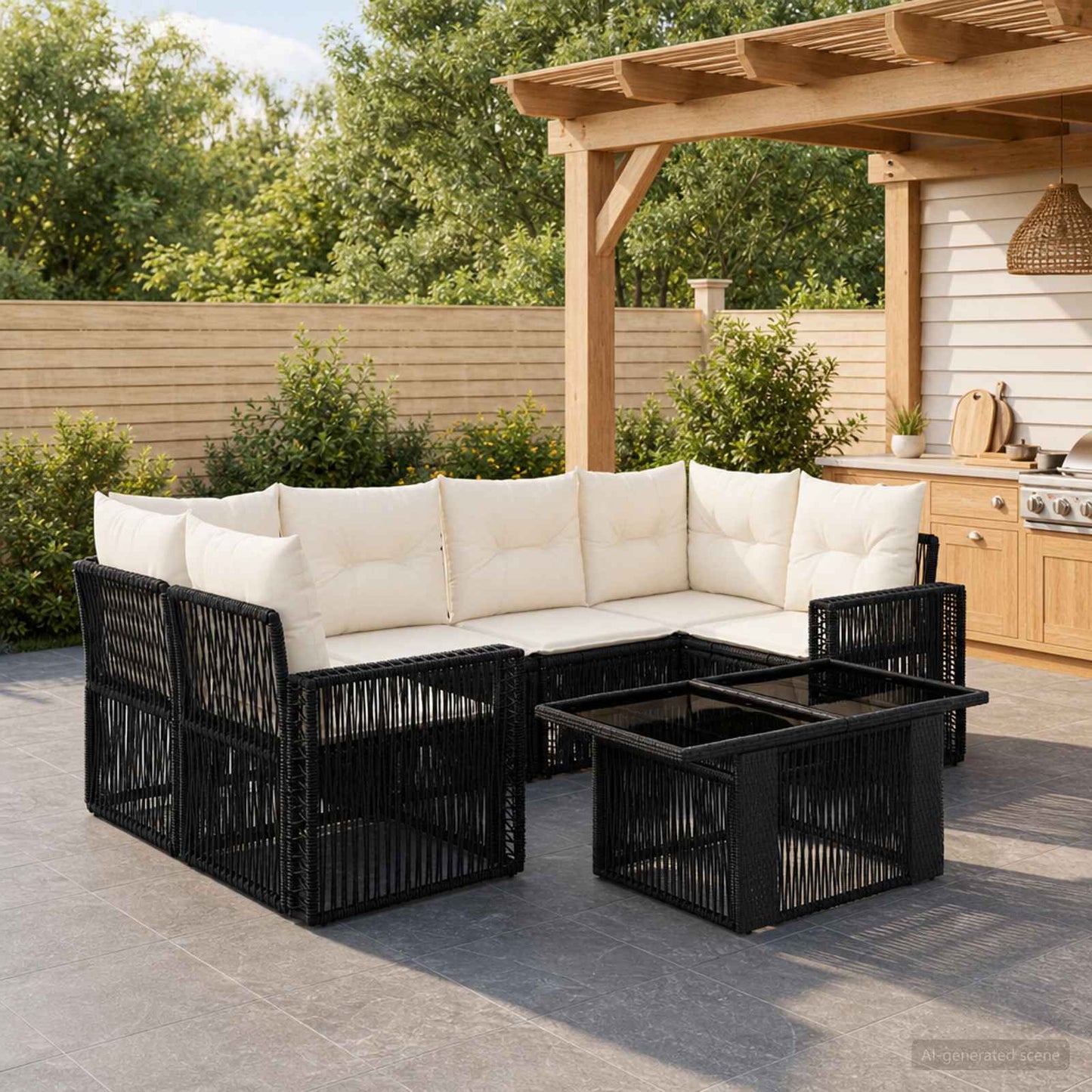 Gartensofa-set 7 stk. Schwarz und Cremeweiß Poly-Rattan