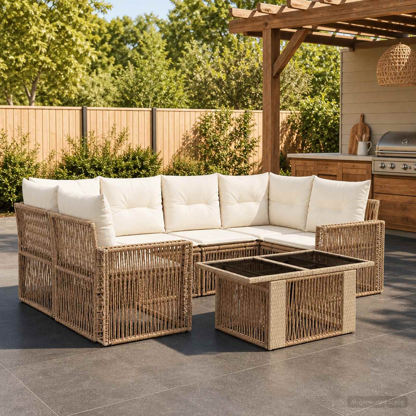 Gartensofa-set 7 stk. Beige und Cremeweiß Poly-Rattan