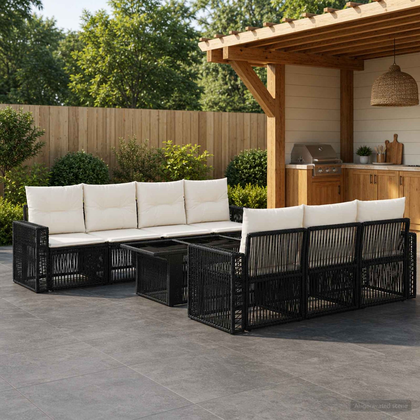 Gartensofa-set 8 stk. Schwarz und Cremeweiß Poly-Rattan