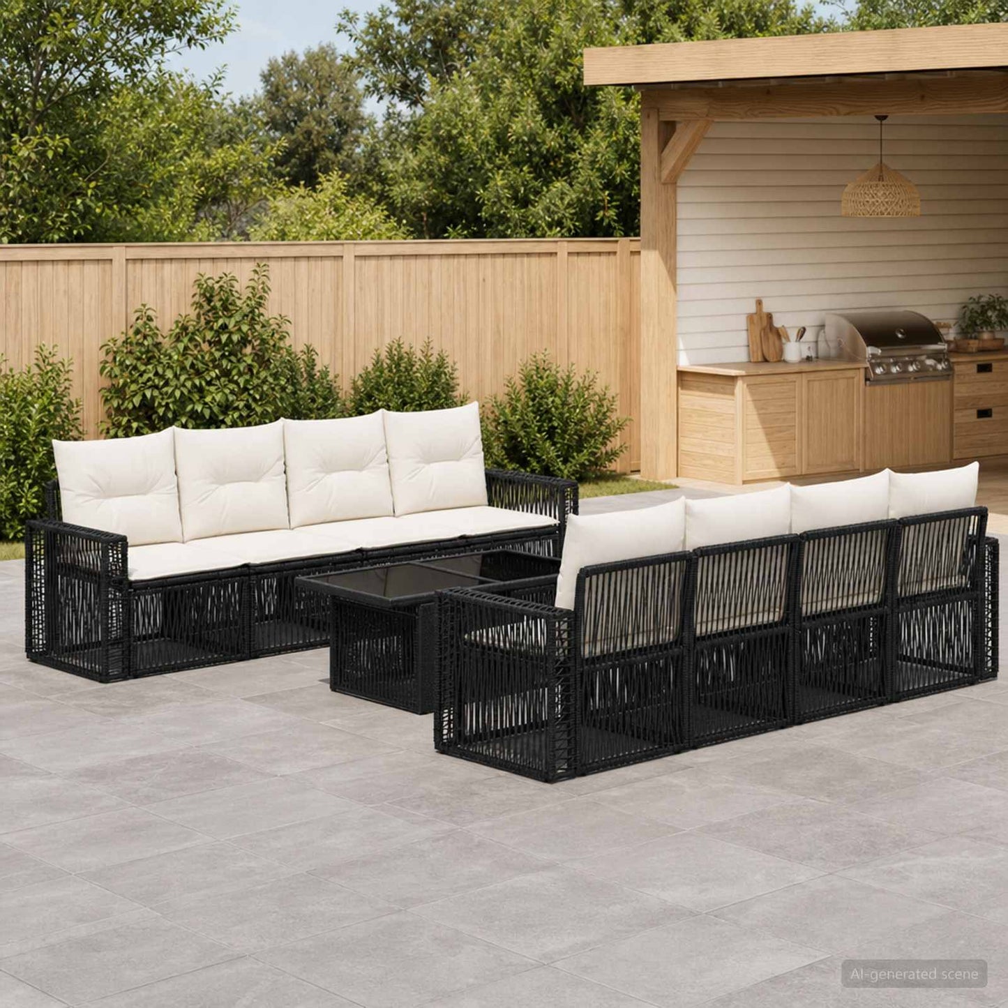 Gartensofa-set 9 stk. Schwarz und Cremeweiß Poly-Rattan