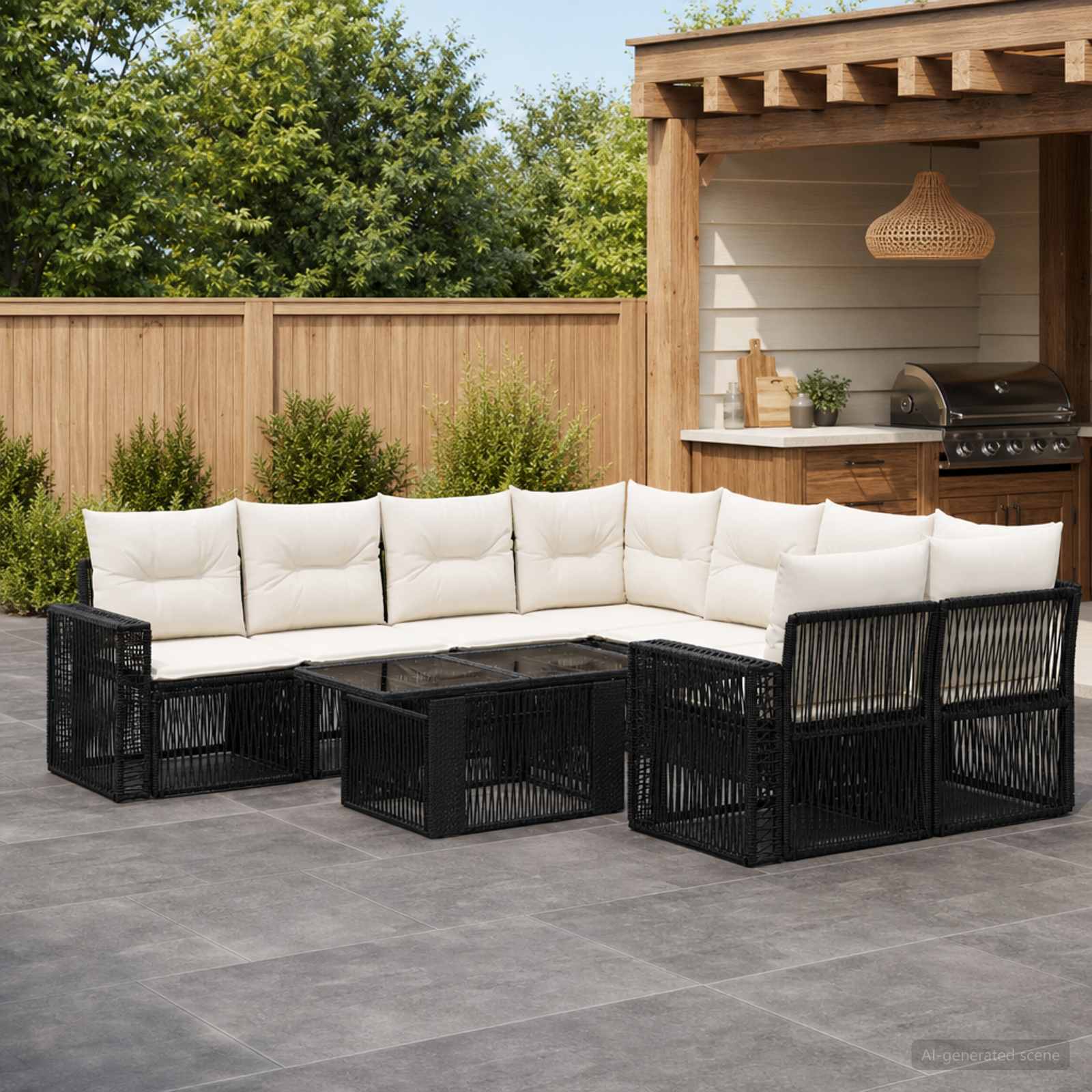 Gartensofa-set 9 stk. Schwarz und Cremeweiß Poly-Rattan