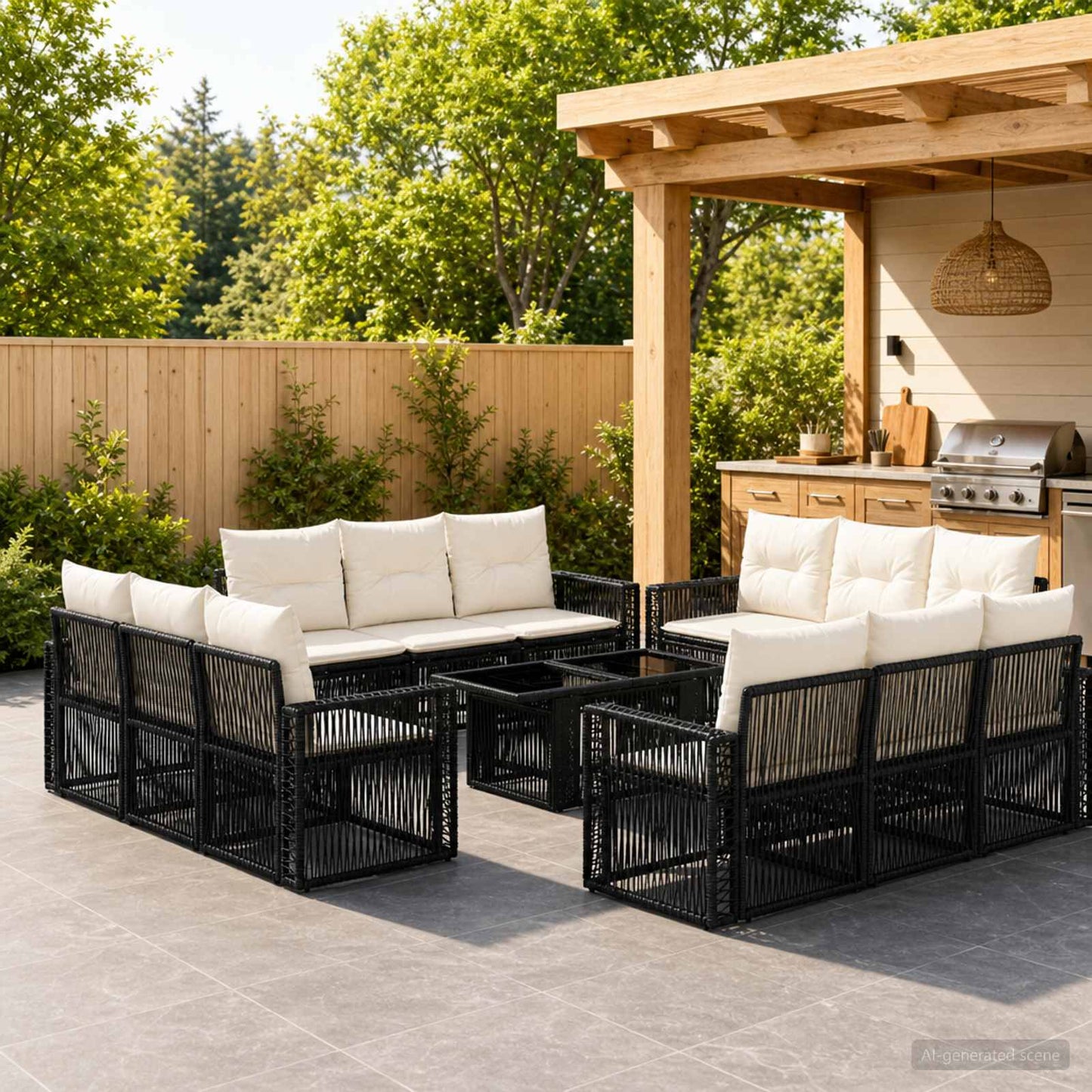 Gartensofa-set 13 stk. Schwarz und Cremeweiß Poly-Rattan
