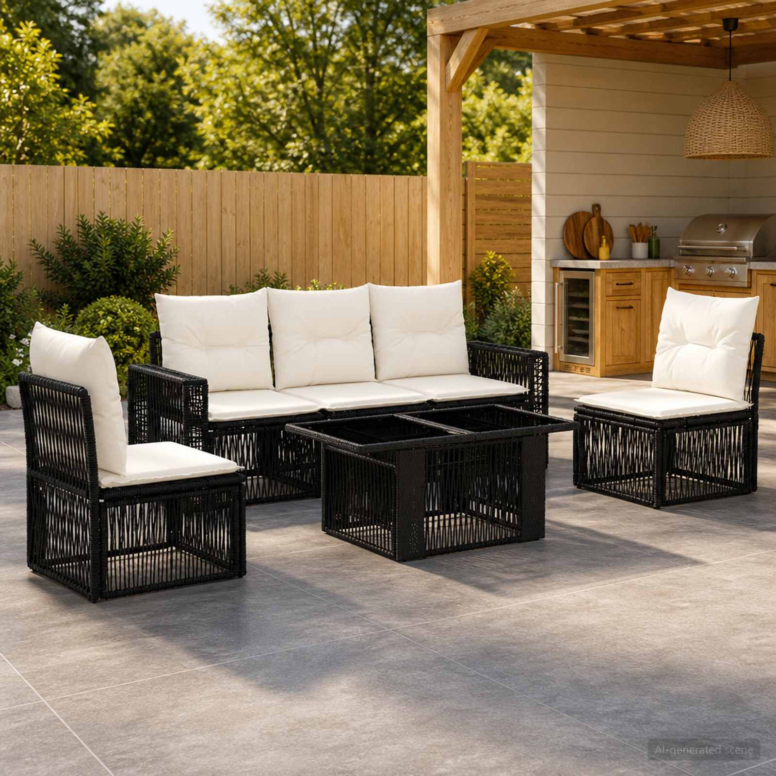 Gartensofa-set 6 stk. Schwarz und Cremeweiß Poly-Rattan