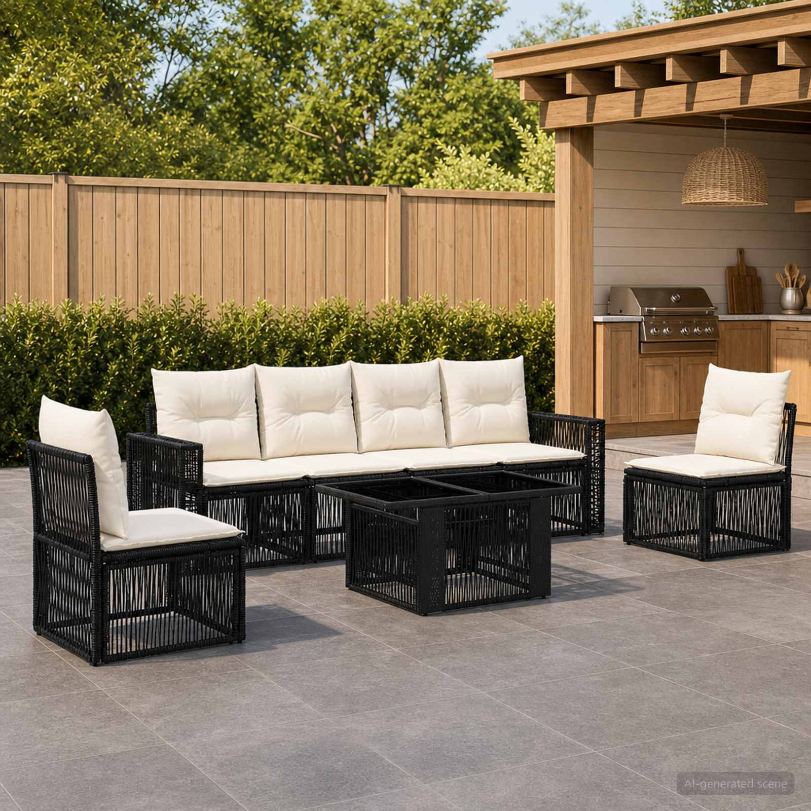 Gartensofa-set 7 stk. Schwarz und Cremeweiß Poly-Rattan