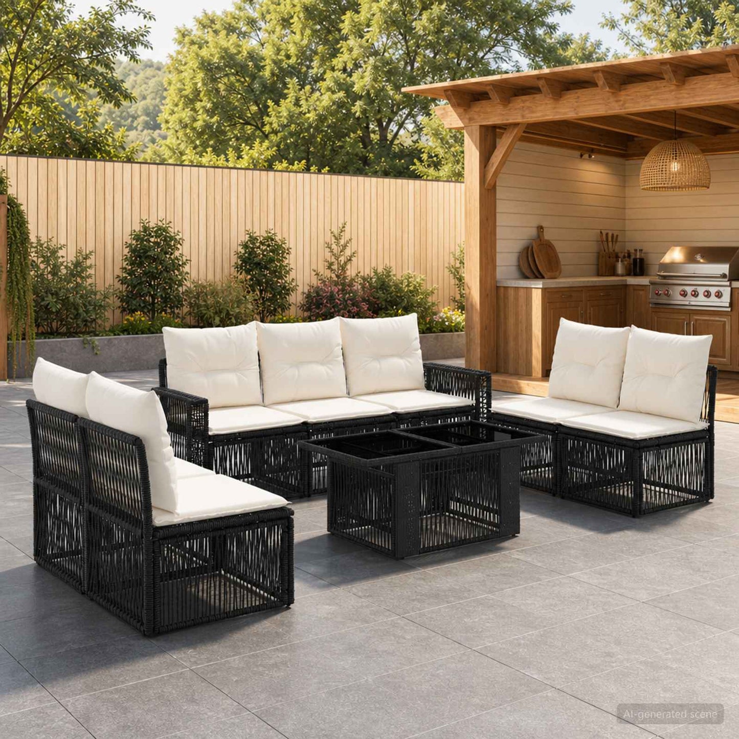 Gartensofa-set 8 stk. Schwarz und Cremeweiß Poly-Rattan
