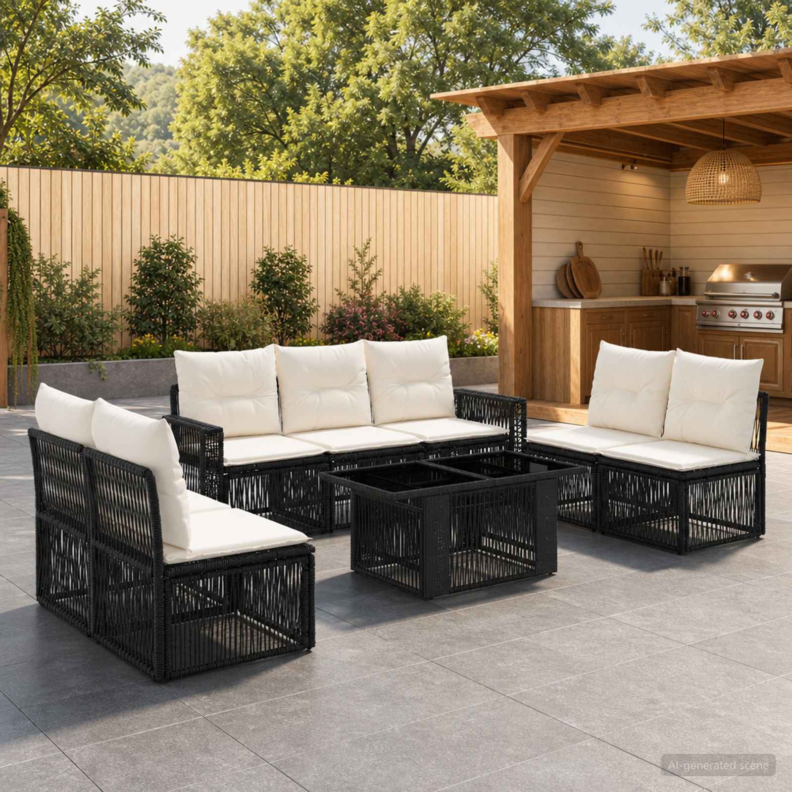 Gartensofa-set 8 stk. Schwarz und Cremeweiß Poly-Rattan