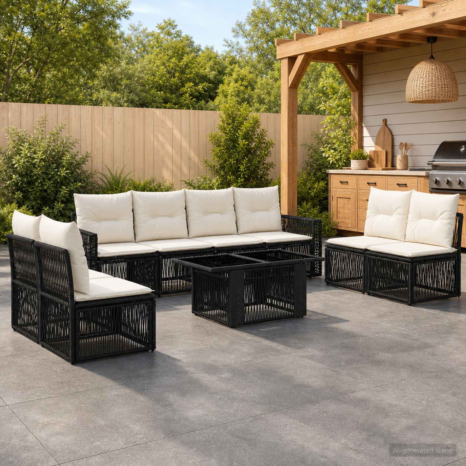 Gartensofa-set 9 stk. Schwarz und Cremeweiß Poly-Rattan
