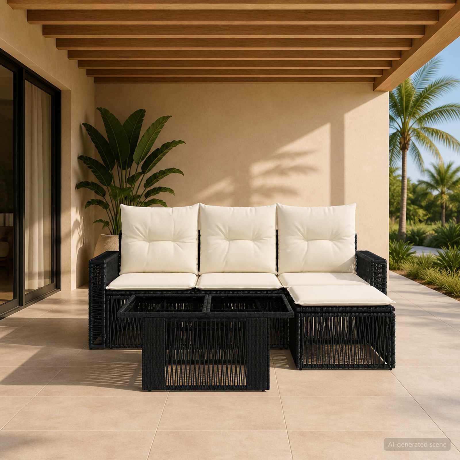 Gartensofa-set 5 stk. Schwarz und Cremeweiß Poly-Rattan