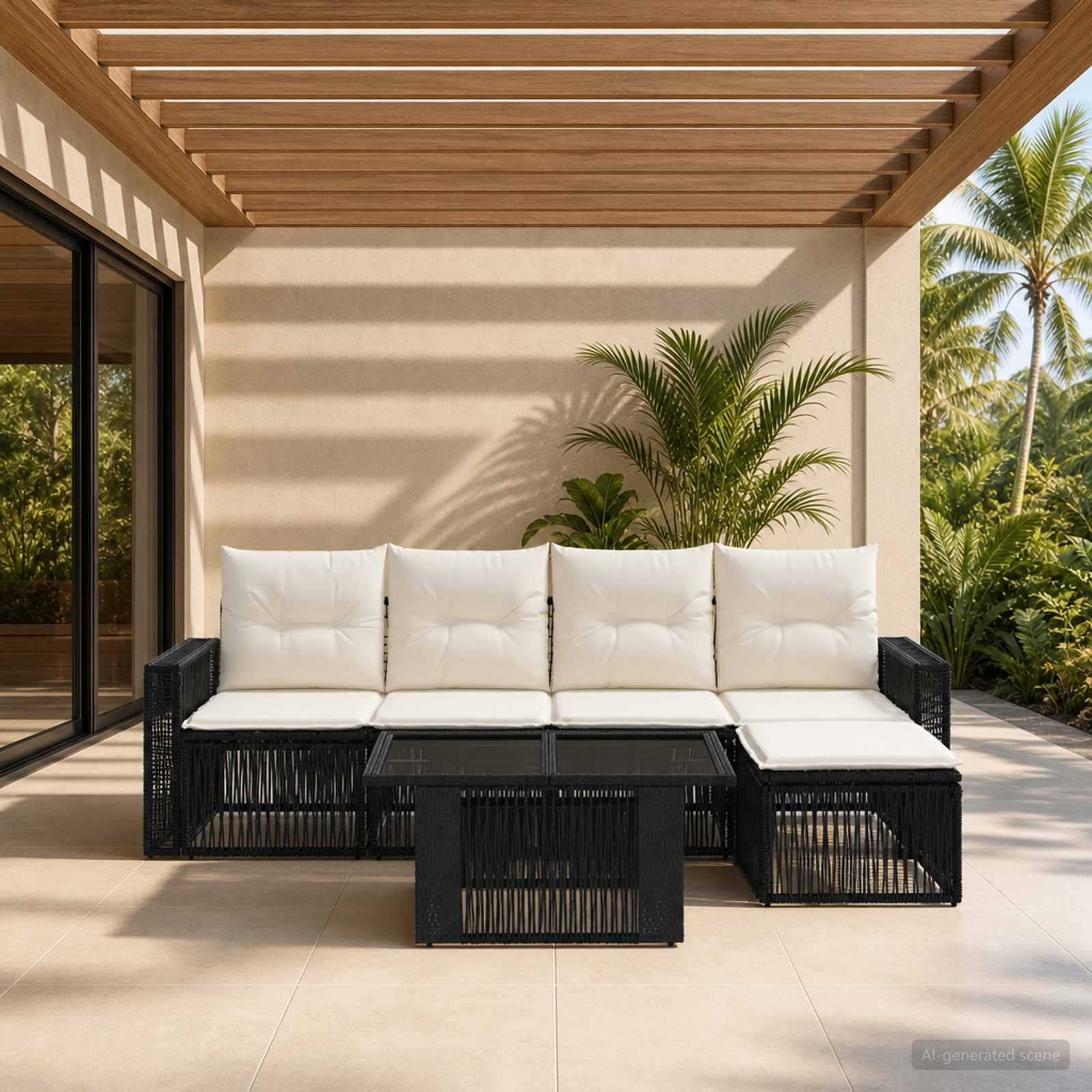 Gartensofa-set 6 stk. Schwarz und Cremeweiß Poly-Rattan