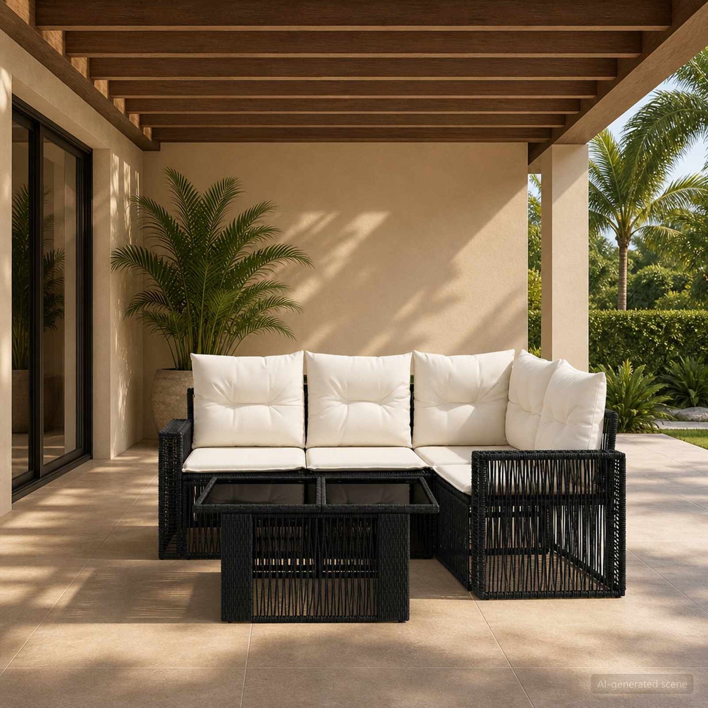 Gartensofa-set 5 stk. Schwarz und Cremeweiß Poly-Rattan