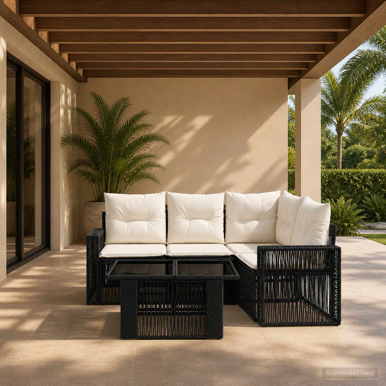Gartensofa-set 5 stk. Schwarz und Cremeweiß Poly-Rattan