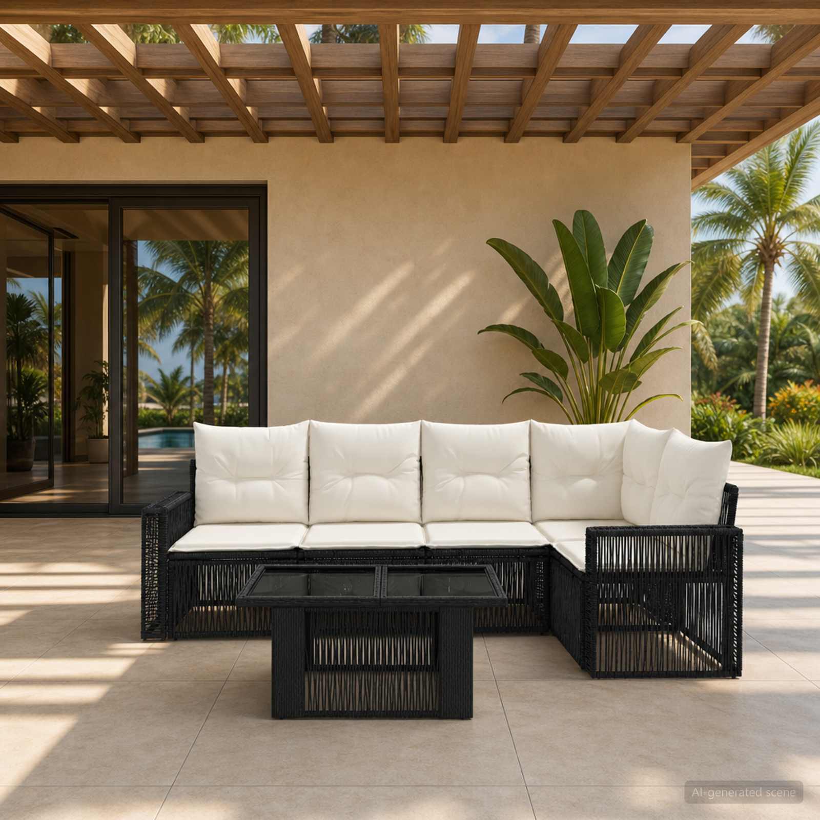 Gartensofa-set 6 stk. Schwarz und Cremeweiß Poly-Rattan