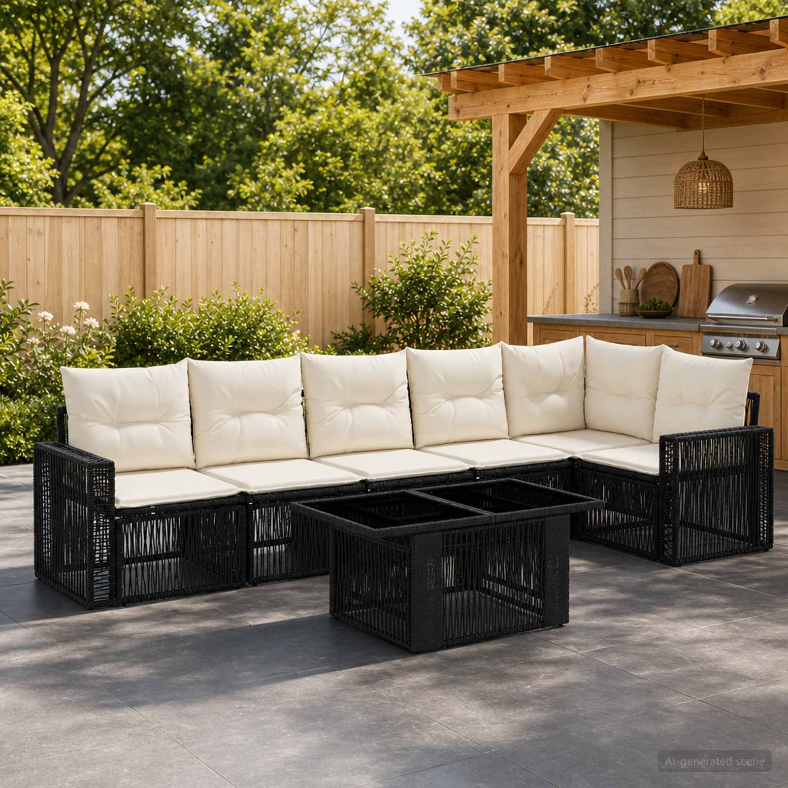 Gartensofa-set 7 stk. 6-Sitzanzahl Schwarz und Cremeweiß
