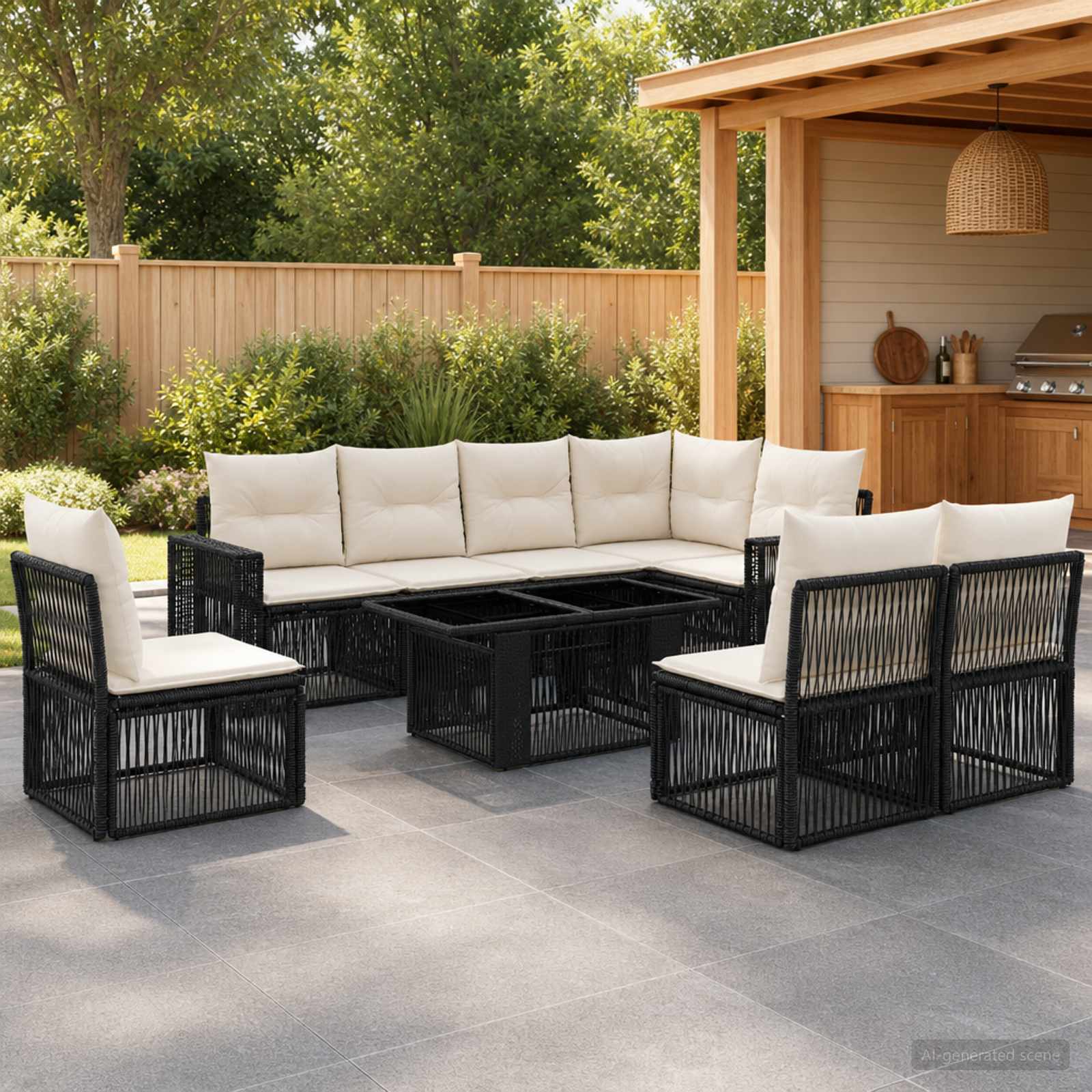 Gartensofa-set 9 stk. Schwarz und Cremeweiß Poly-Rattan