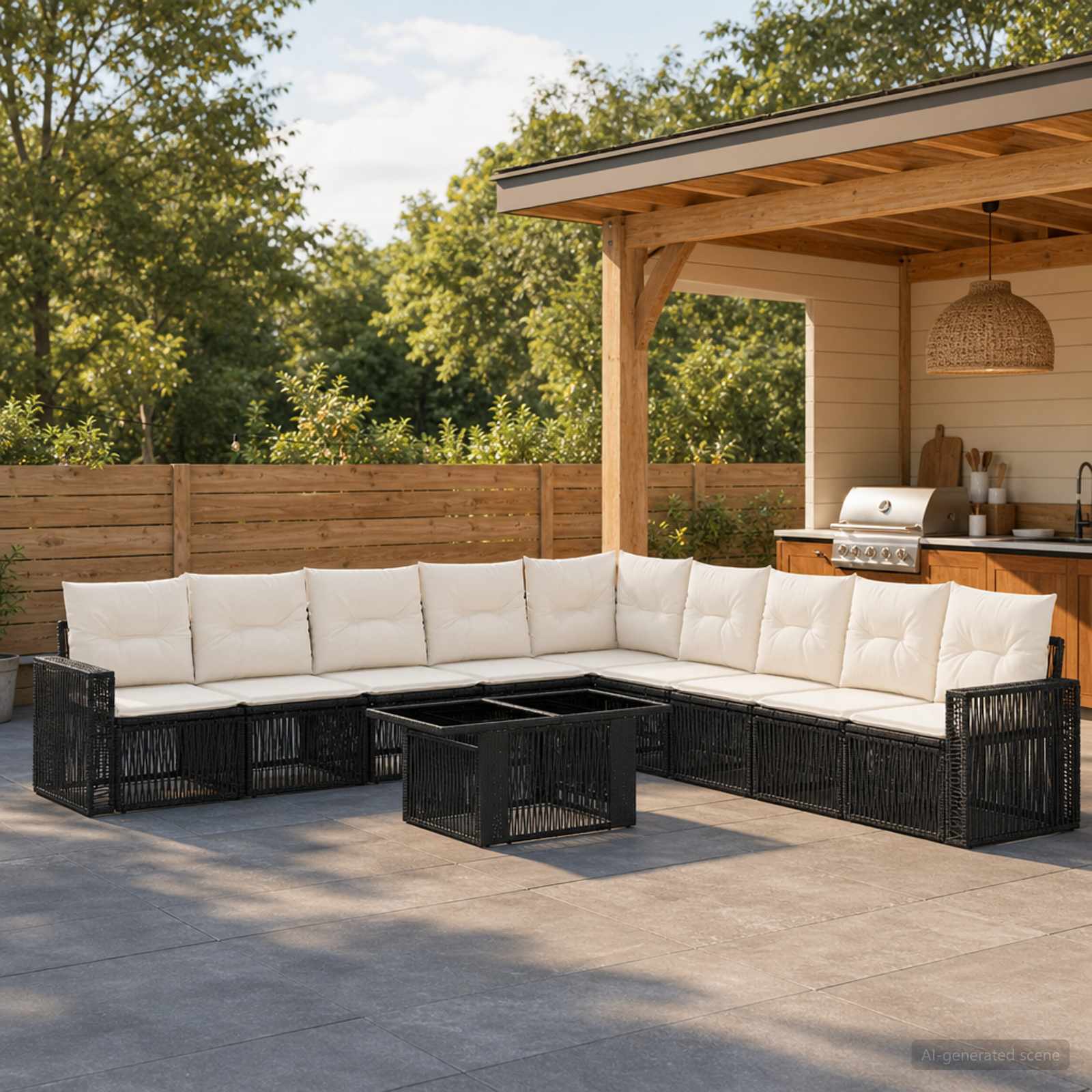Gartensofa-set 10 stk. Schwarz und Cremeweiß Poly-Rattan