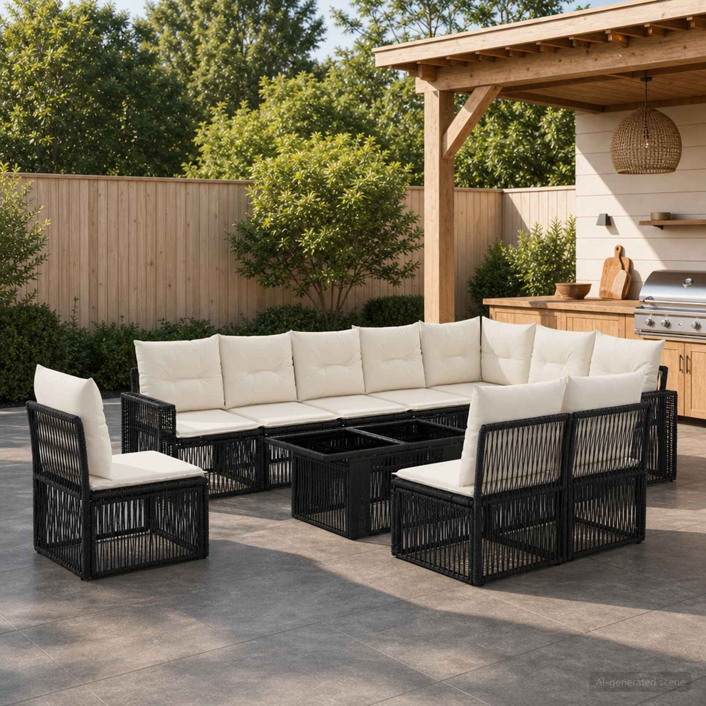 Gartensofa-set 11 stk. Schwarz und Cremeweiß Poly-Rattan