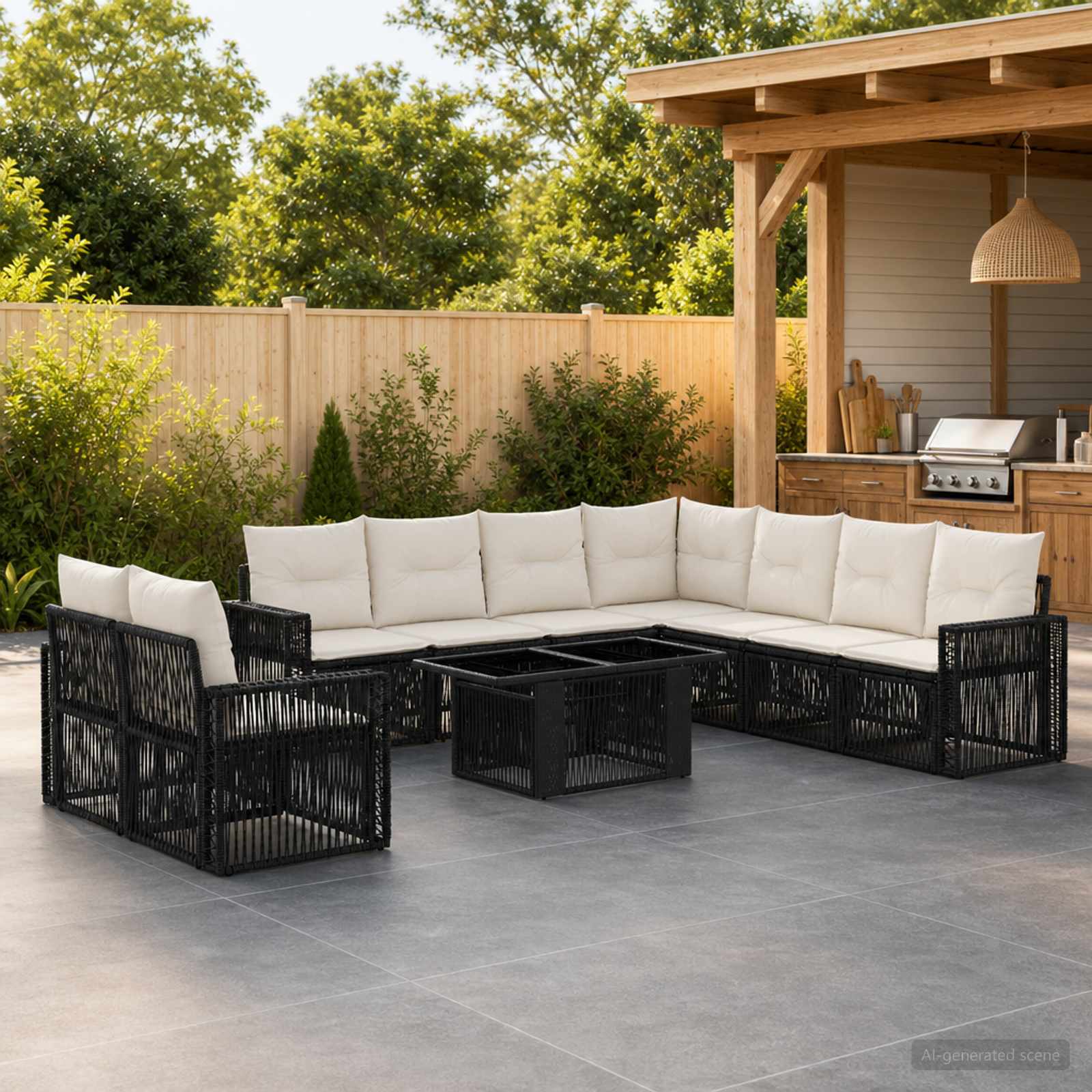 Gartensofa-set 10 stk. Schwarz und Cremeweiß Poly-Rattan