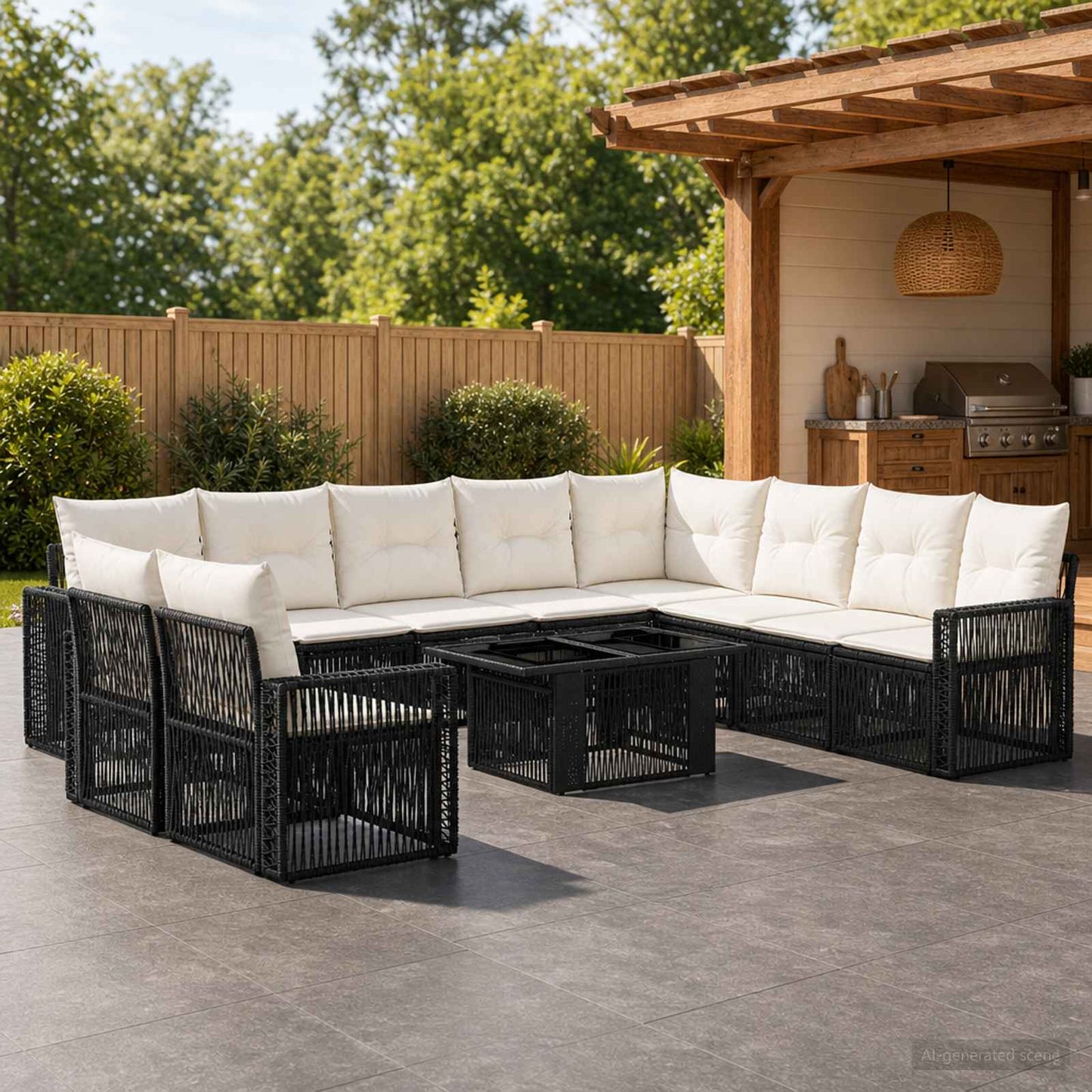Gartensofa-set 11 stk. Schwarz und Cremeweiß Poly-Rattan