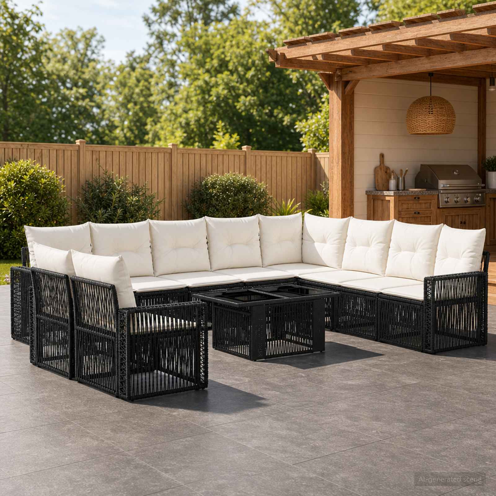 Gartensofa-set 11 stk. Schwarz und Cremeweiß Poly-Rattan