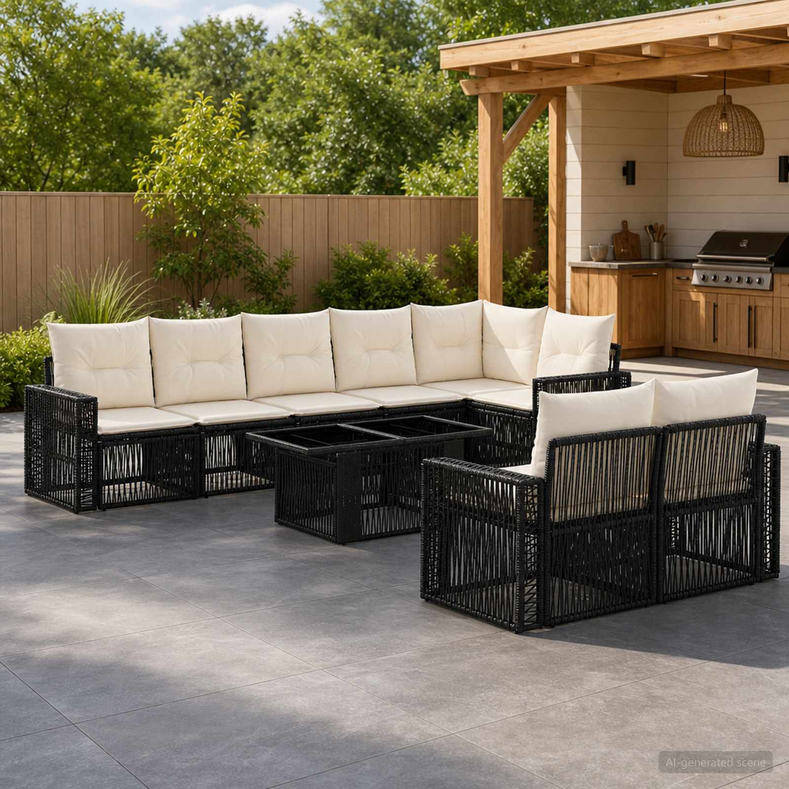 Gartensofa-set 9 stk. Schwarz und Cremeweiß Poly-Rattan