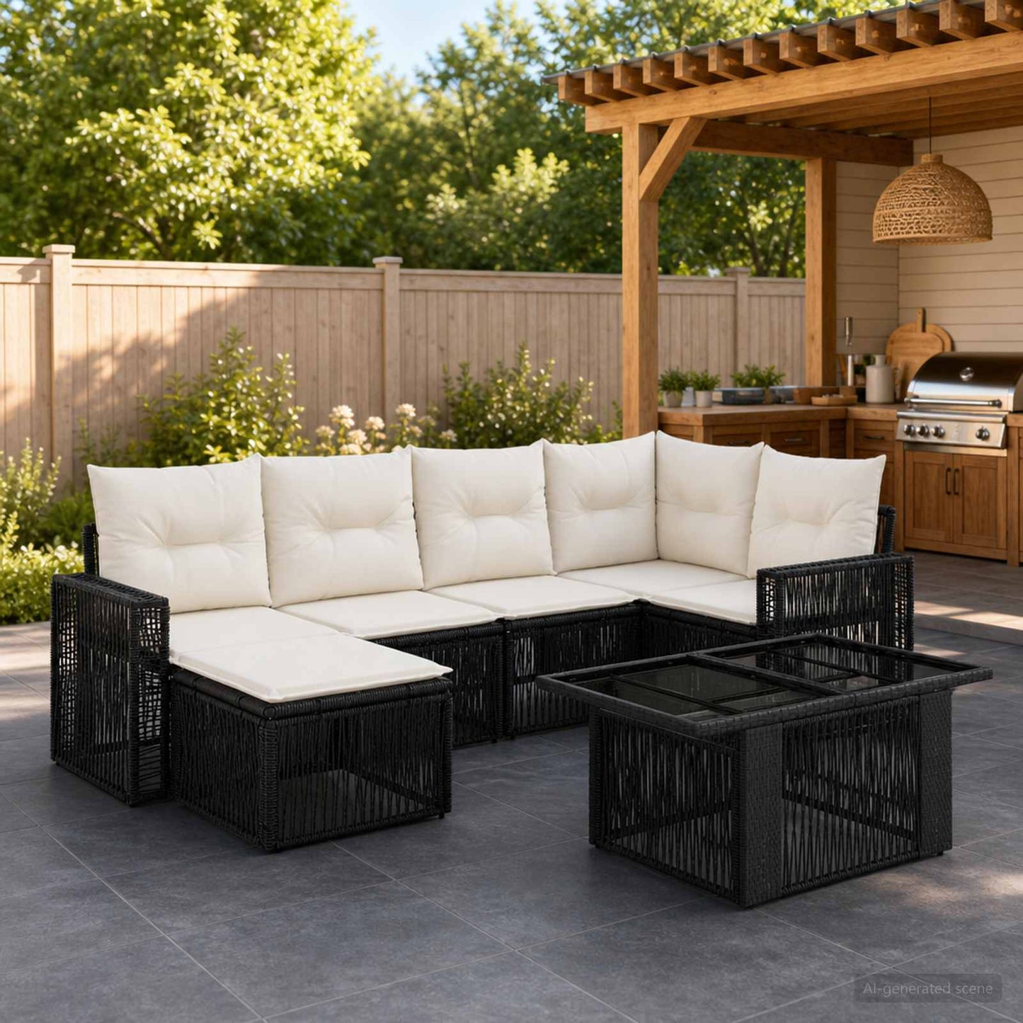 Gartensofa-set 7 stk. Schwarz und Cremeweiß Poly-Rattan