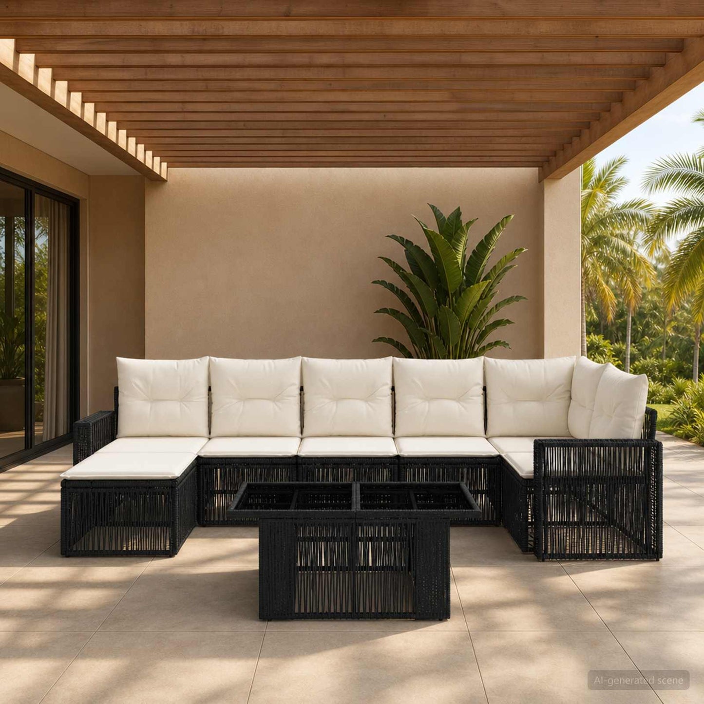 Gartensofa-set 8 stk. Schwarz und Cremeweiß Poly-Rattan
