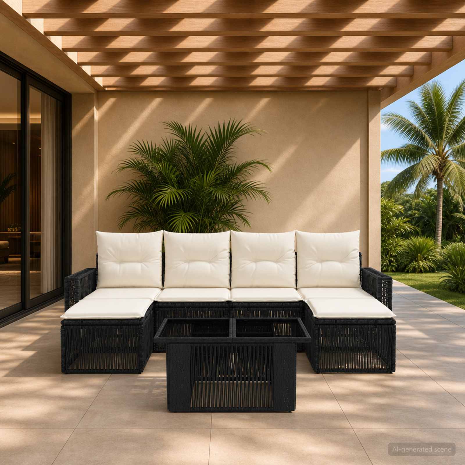 Gartensofa-set 7 stk. Schwarz und Cremeweiß Poly-Rattan
