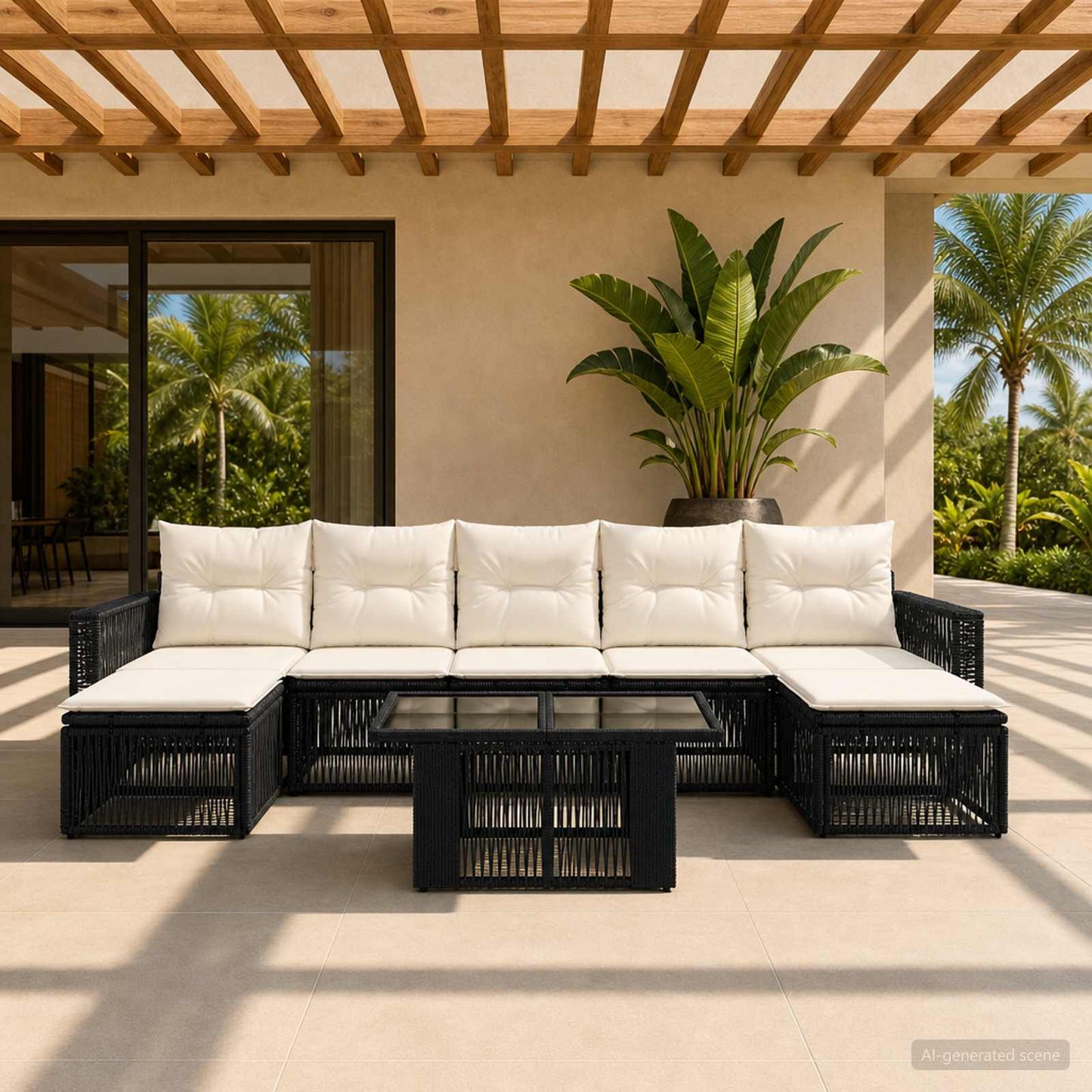 Gartensofa-set 8 stk. Schwarz und Cremeweiß Poly-Rattan