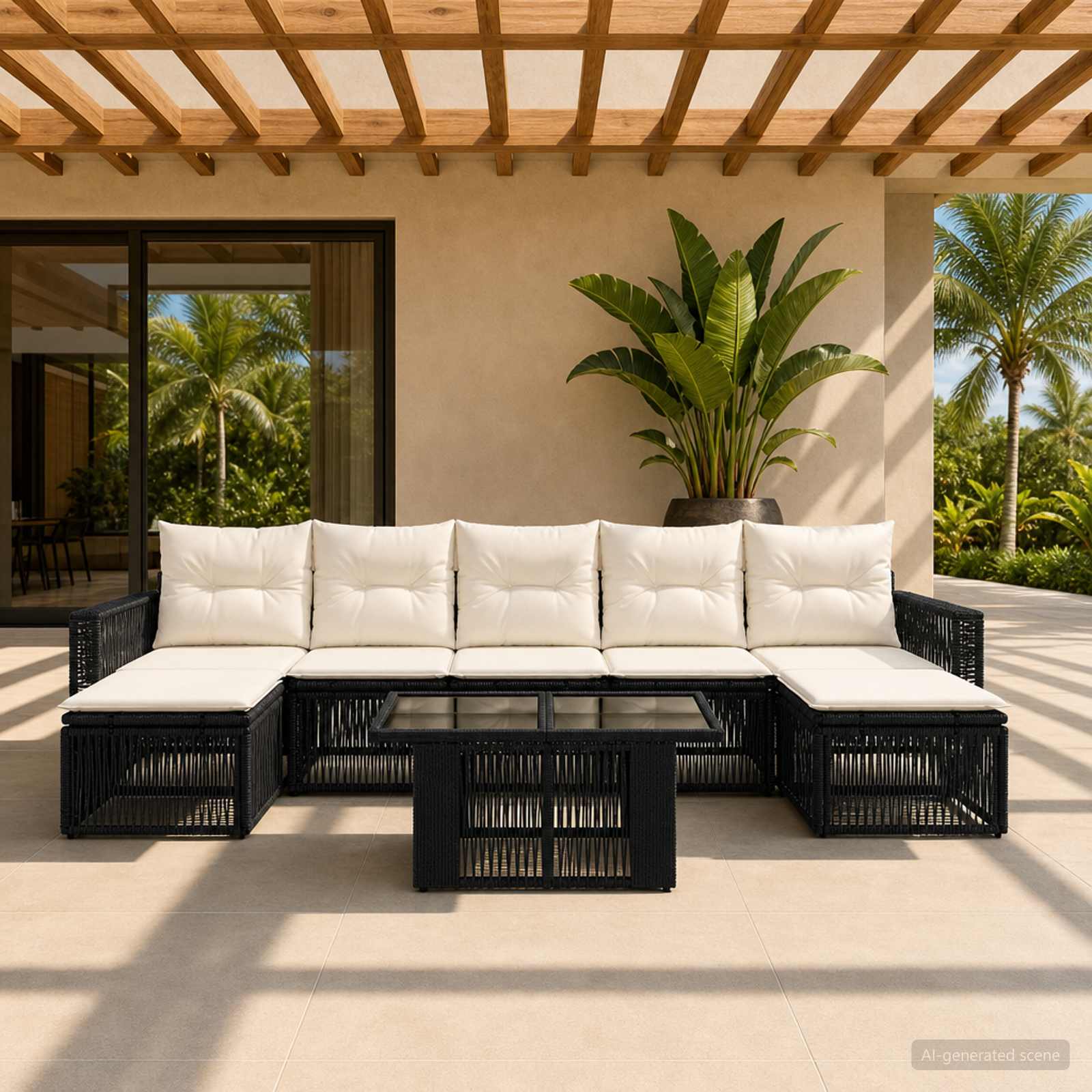 Gartensofa-set 8 stk. Schwarz und Cremeweiß Poly-Rattan