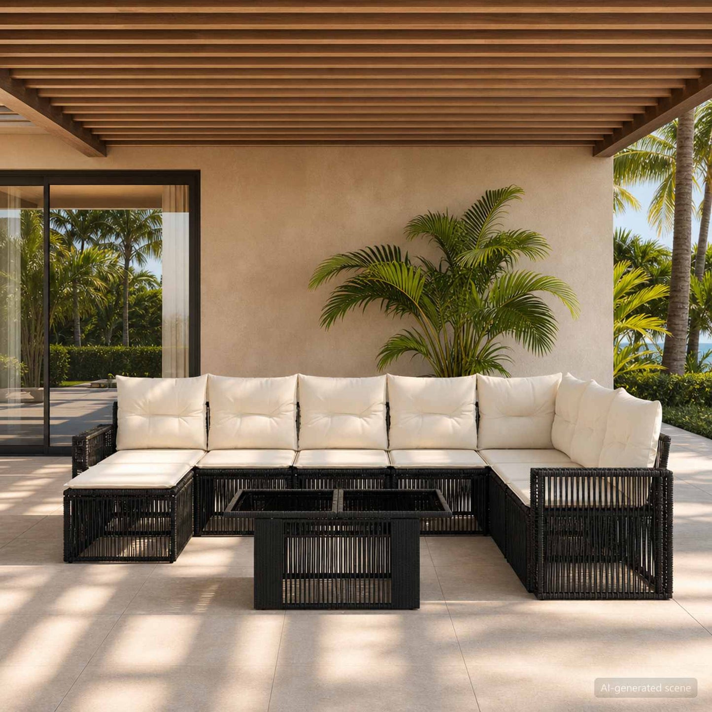 Gartensofa-set 9 stk. Schwarz und Cremeweiß Poly-Rattan