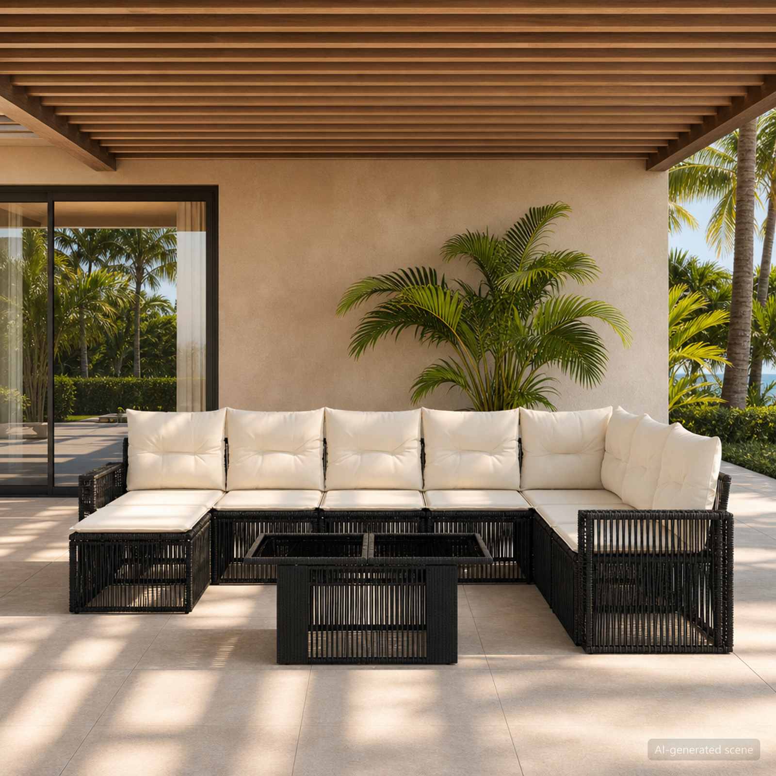 Gartensofa-set 9 stk. Schwarz und Cremeweiß Poly-Rattan