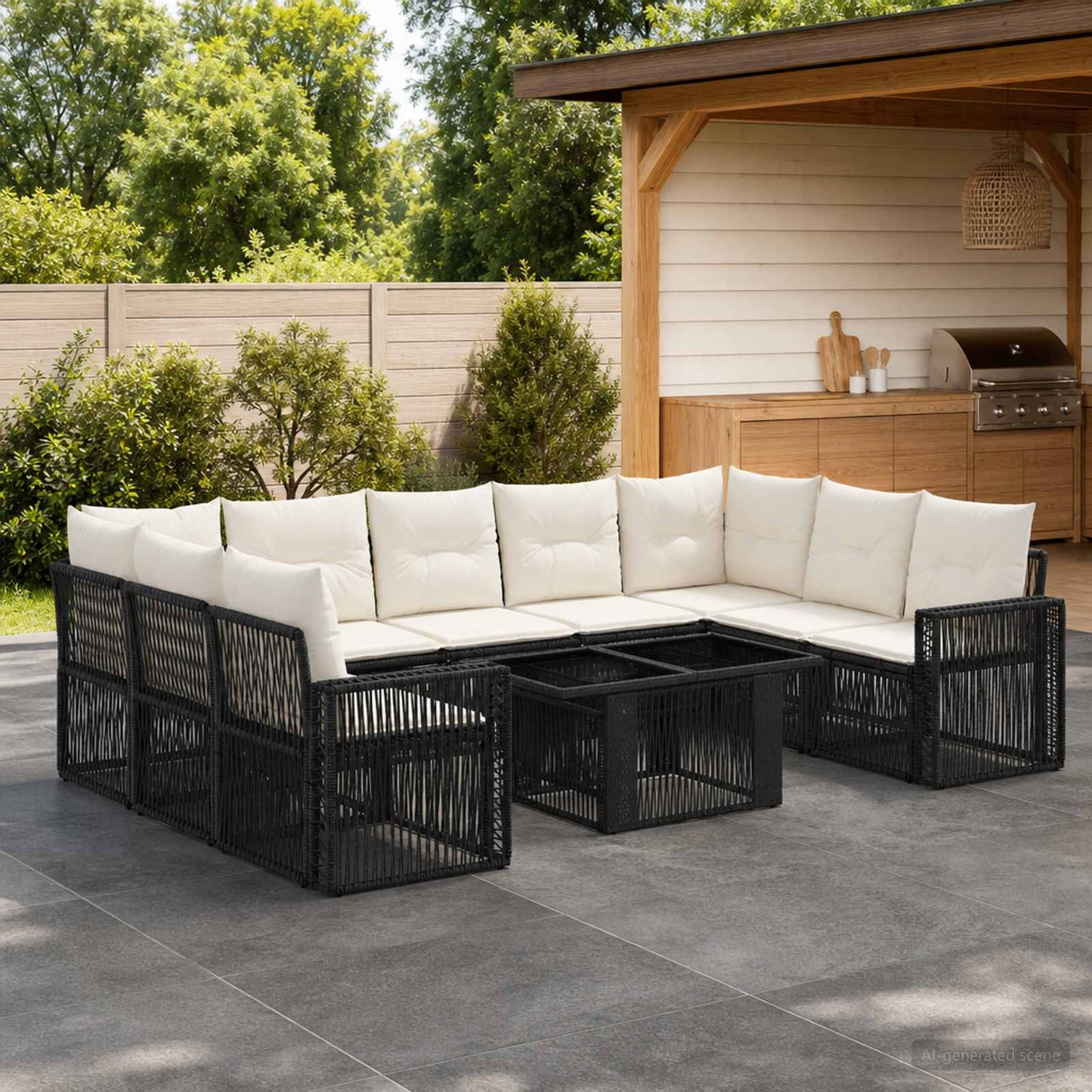 Gartensofa-set 10 stk. Schwarz und Cremeweiß Poly-Rattan