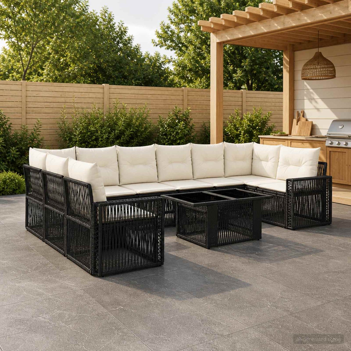 Gartensofa-set 11 stk. Schwarz und Cremeweiß Poly-Rattan