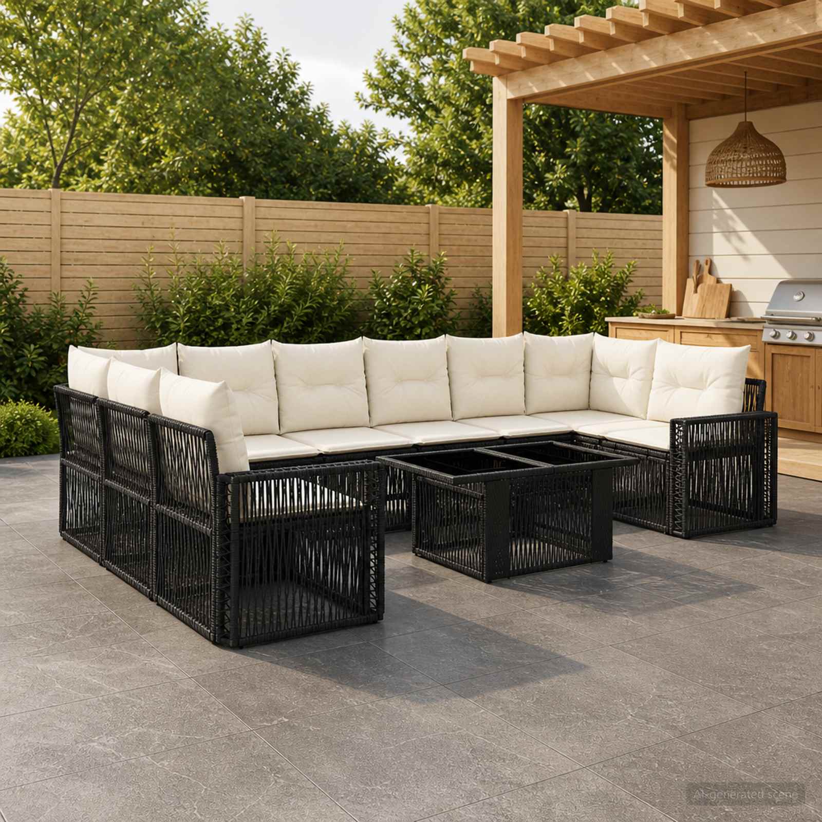 Gartensofa-set 11 stk. Schwarz und Cremeweiß Poly-Rattan
