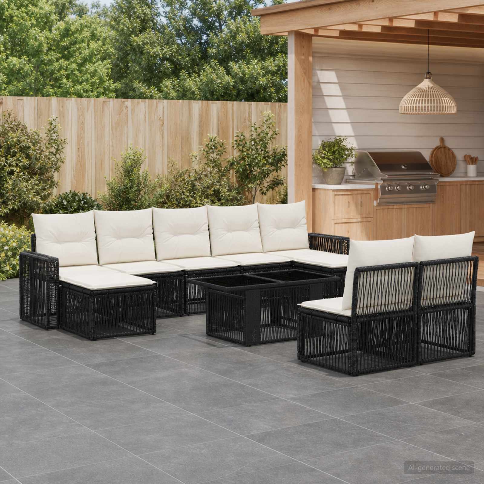 Gartensofa-set 10 stk. Schwarz und Cremeweiß Poly-Rattan