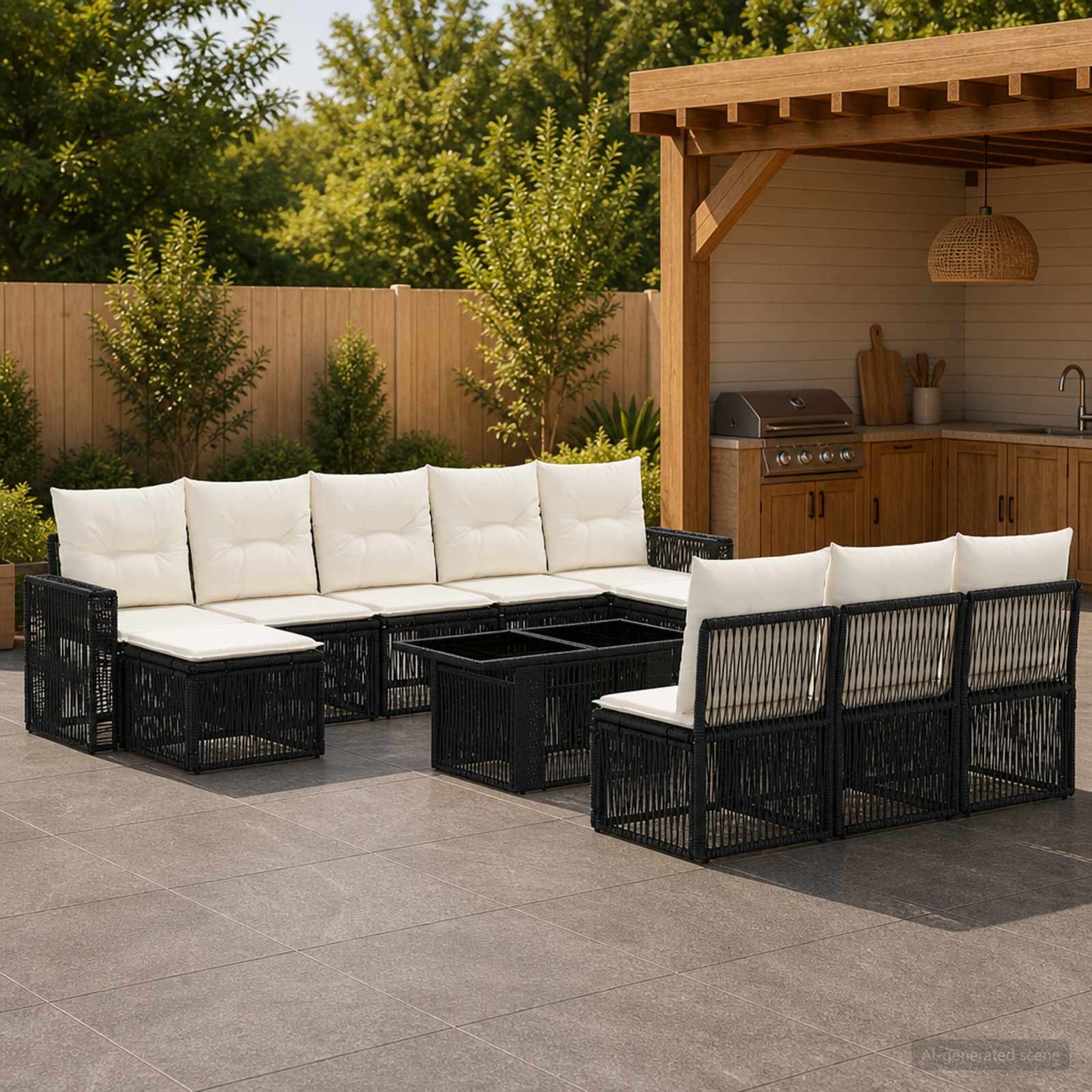 Gartensofa-set 11 stk. Schwarz und Cremeweiß Poly-Rattan