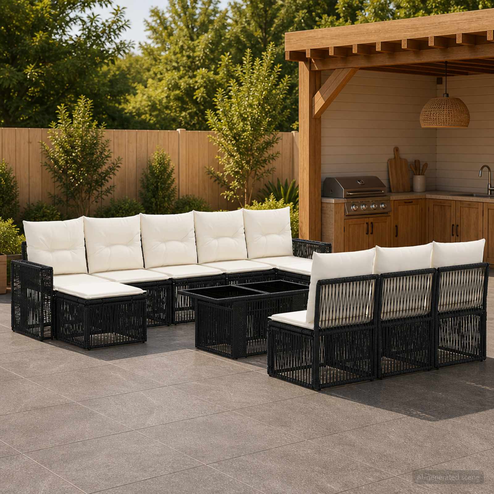 Gartensofa-set 11 stk. Schwarz und Cremeweiß Poly-Rattan