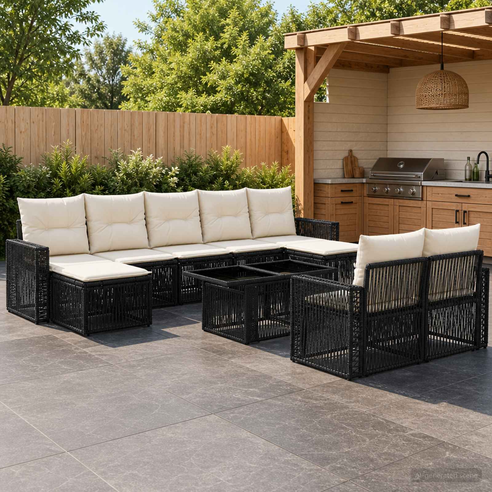 Gartensofa-set 10 stk. Schwarz und Cremeweiß Poly-Rattan