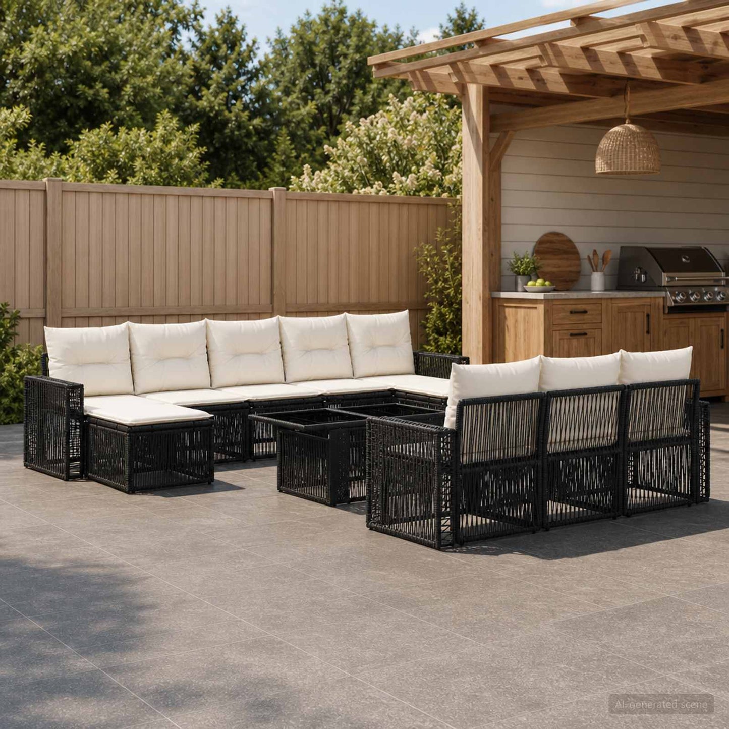 Gartensofa-set 11 stk. Schwarz und Cremeweiß Poly-Rattan