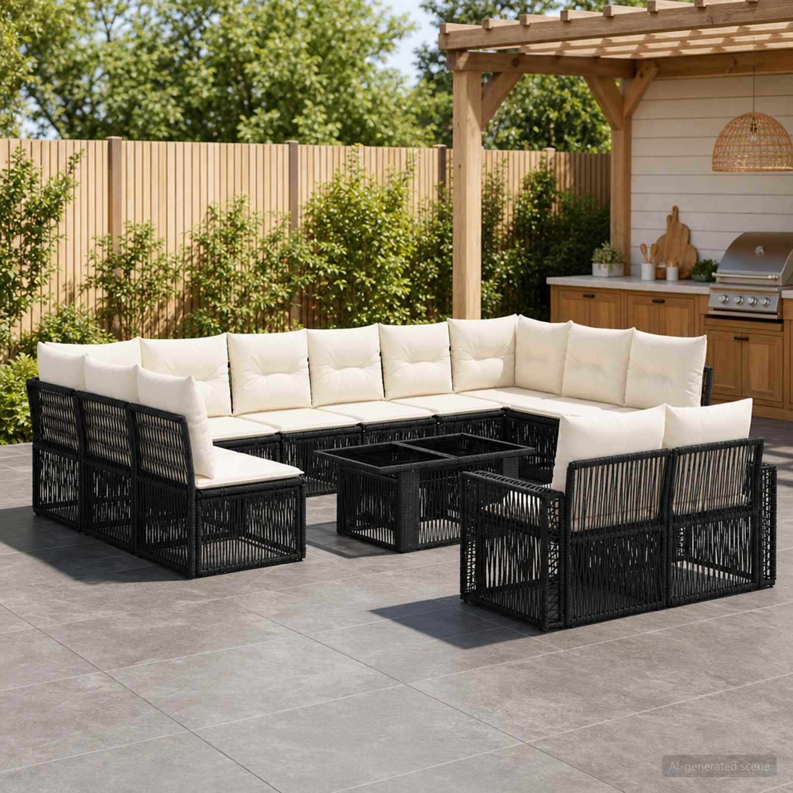 Gartensofa-set 13 stk. Schwarz und Cremeweiß Poly-Rattan